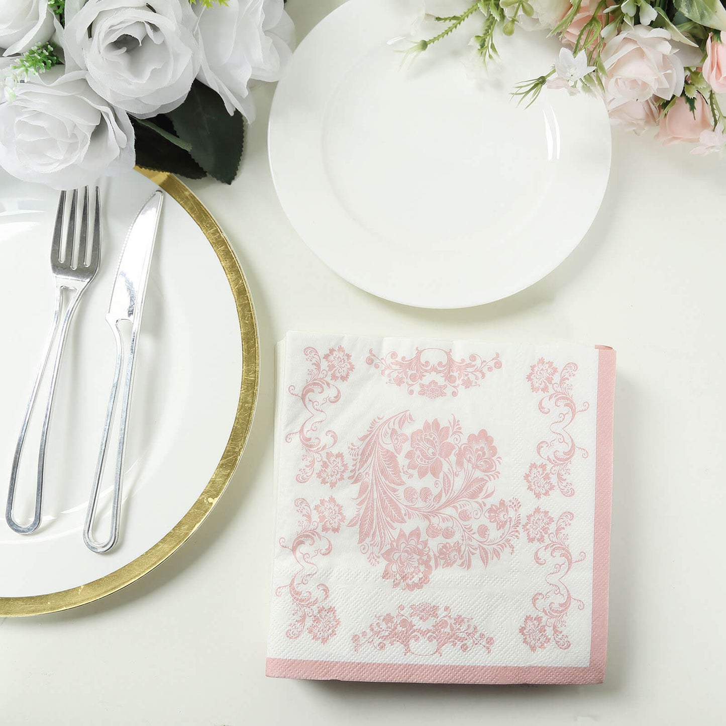 50 Pack White Pink 2-Ply Paper Beverage Napkins in French Toile Floral Pattern, Highly Absorbent Soft Disposable Cocktail Napkins