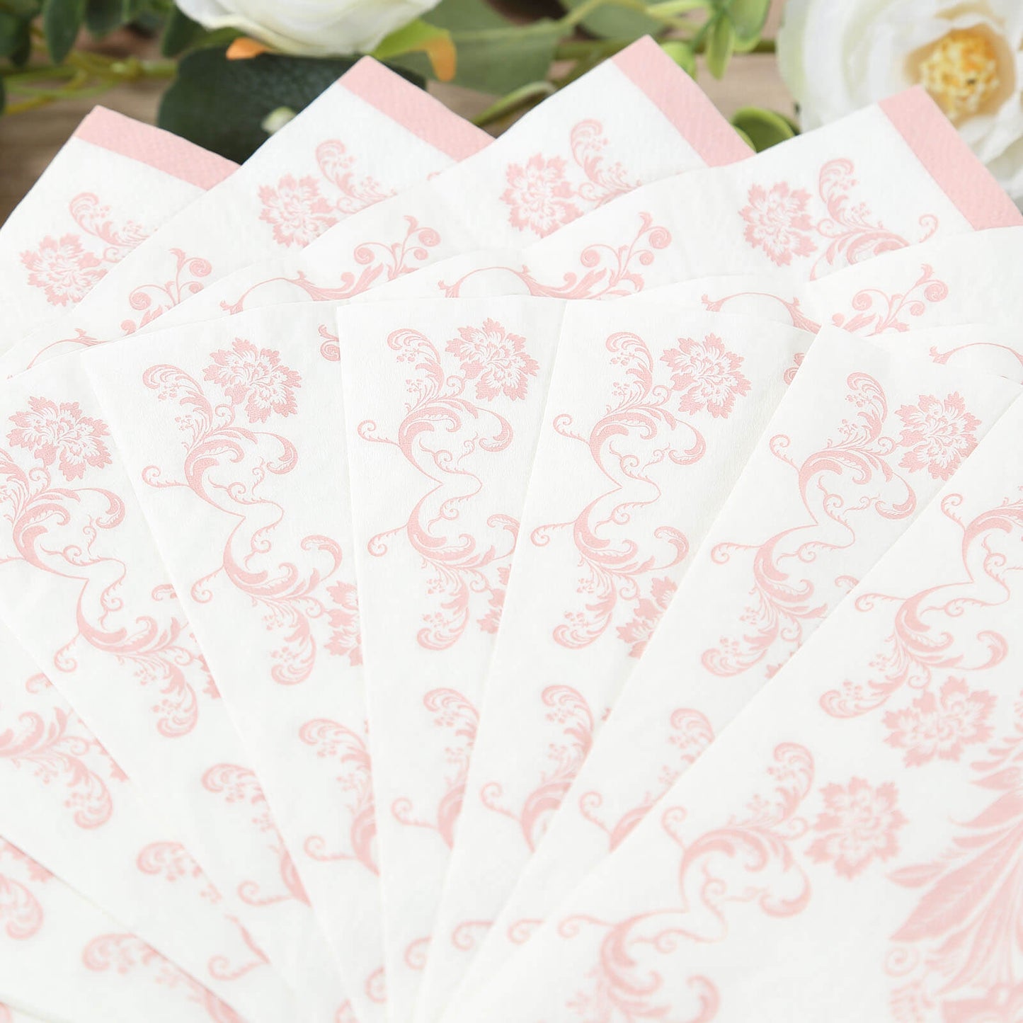 50 Pack White Pink 2-Ply Paper Beverage Napkins in French Toile Floral Pattern, Highly Absorbent Soft Disposable Cocktail Napkins