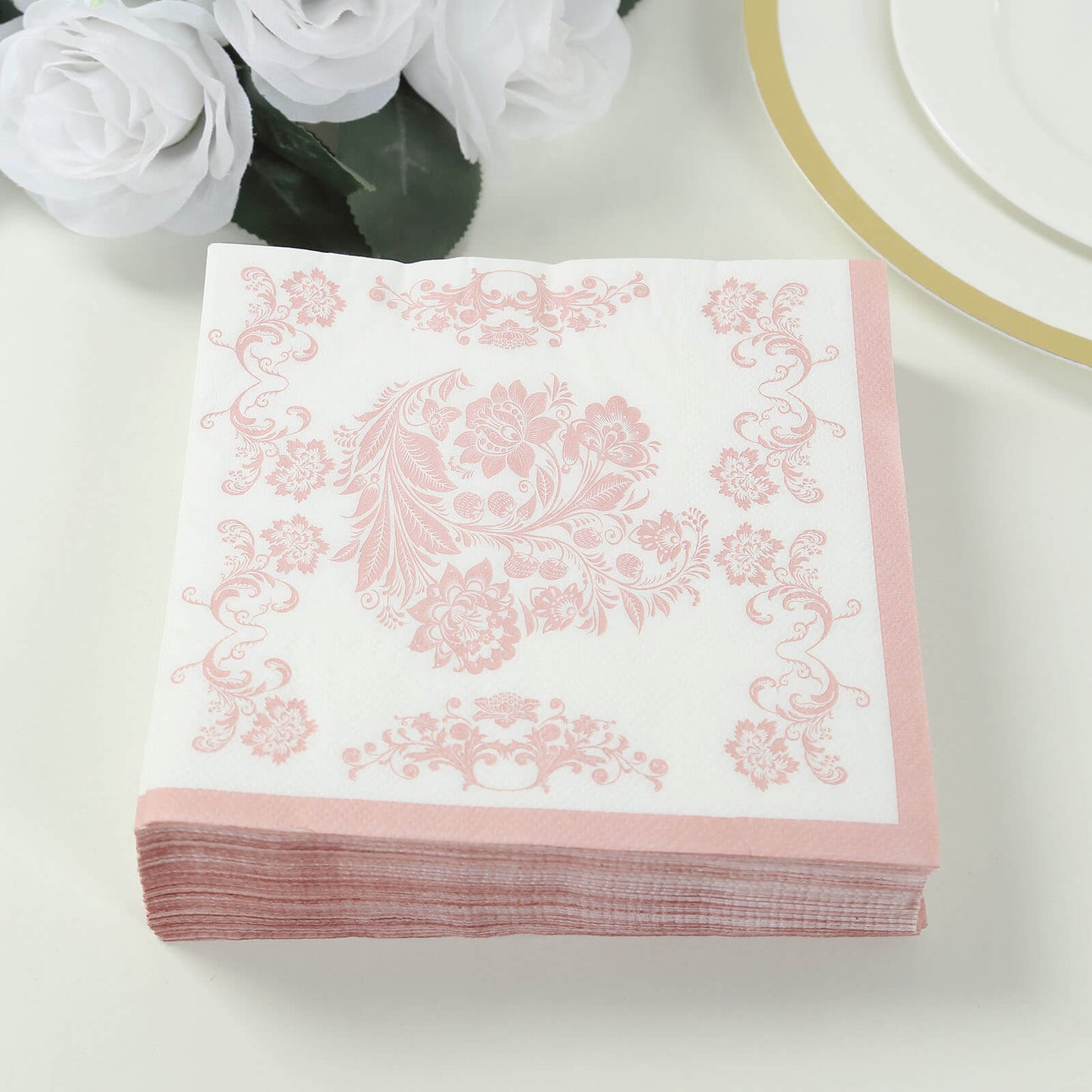 50 Pack White Pink 2-Ply Paper Beverage Napkins in French Toile Floral Pattern, Highly Absorbent Soft Disposable Cocktail Napkins