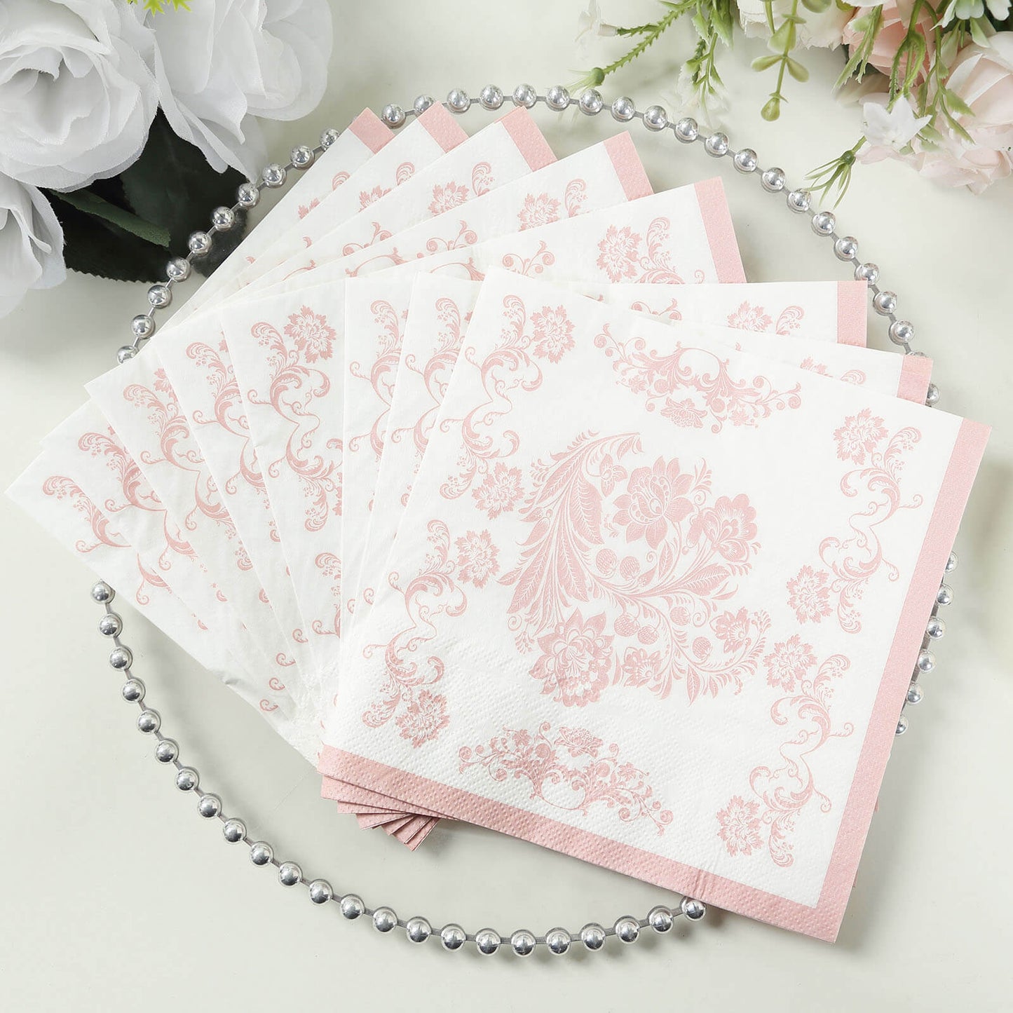 50 Pack White Pink 2-Ply Paper Beverage Napkins in French Toile Floral Pattern, Highly Absorbent Soft Disposable Cocktail Napkins