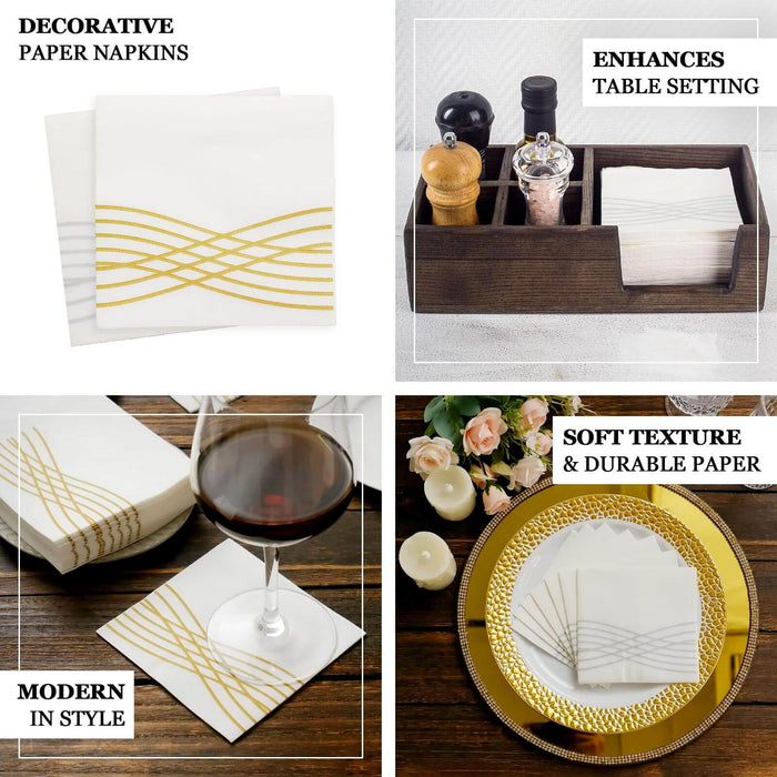 20 Pack White Gold Airlaid Linen-Feel Paper Cocktail Napkins, Premium Disposable Beverage Napkins With Gold Foil Wave Design - 5"x5"