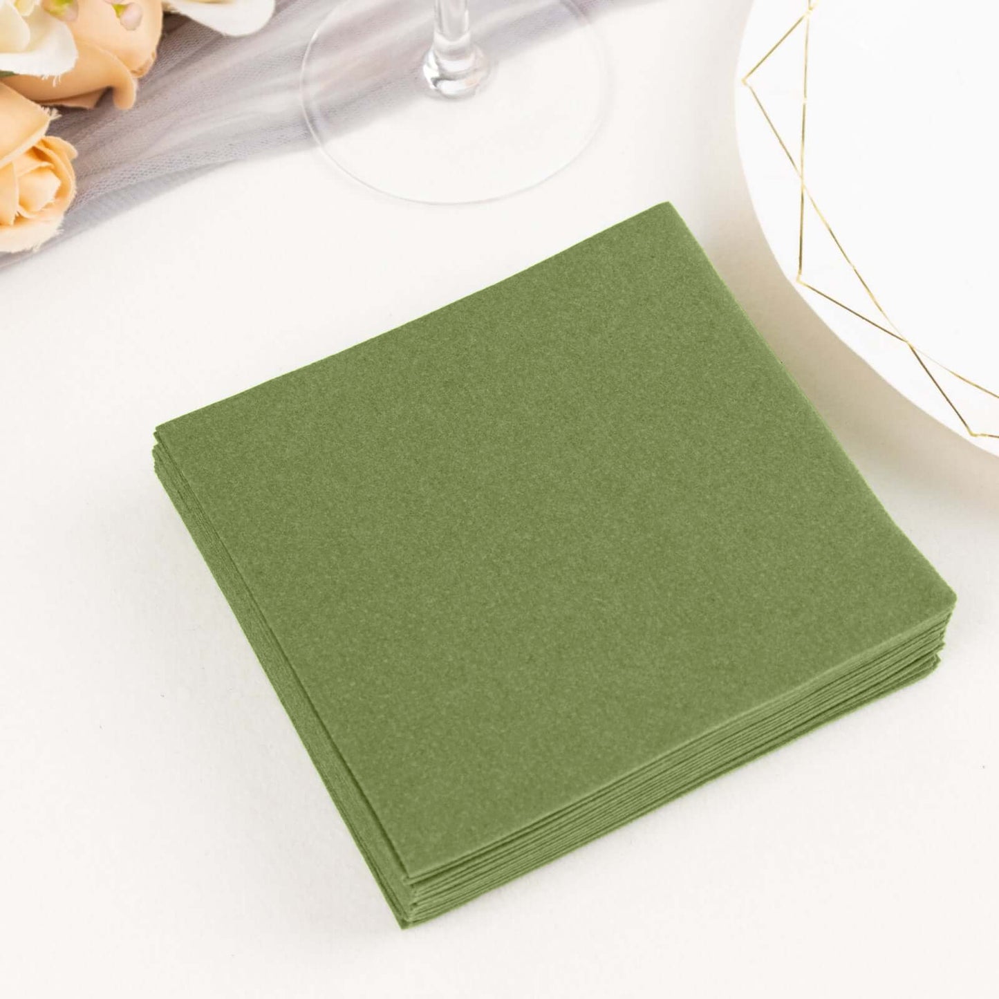 20 Pack Olive Green Linen-Feel Cocktail Napkins, Premium Cloth-Like Airlaid Paper Beverage Napkins, Disposable Soft and Absorbent Hand Towels