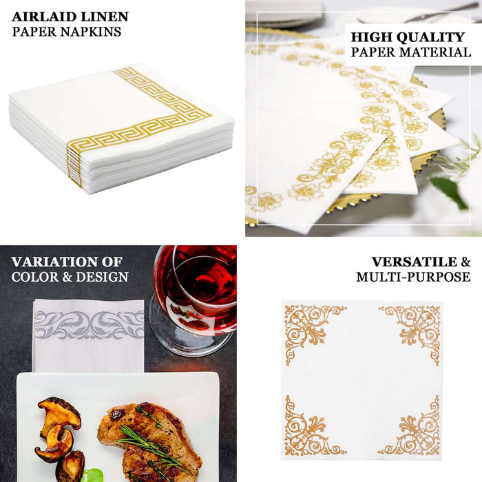 25 Pack | Gold Foil White Airlaid Soft Linen-Feel Paper Dinner Napkins, Disposable Hand Towels - Scroll