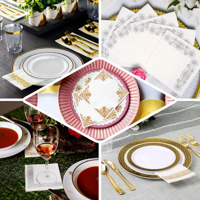 25 Pack | Gold Foil White Airlaid Soft Linen-Feel Paper Dinner Napkins, Disposable Hand Towels - Scroll