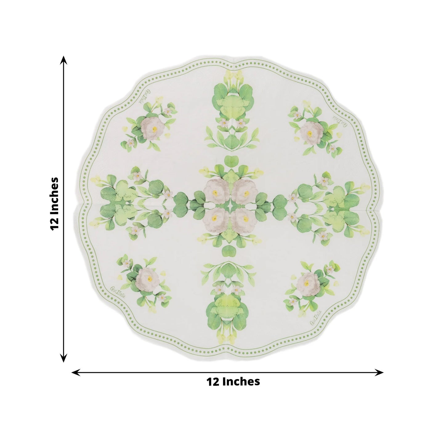 25 Pack White 2-Ply Floral Greenery Round Paper Napkins, Disposable Cocktail Beverage Napkins with Scalloped Edge - 12"