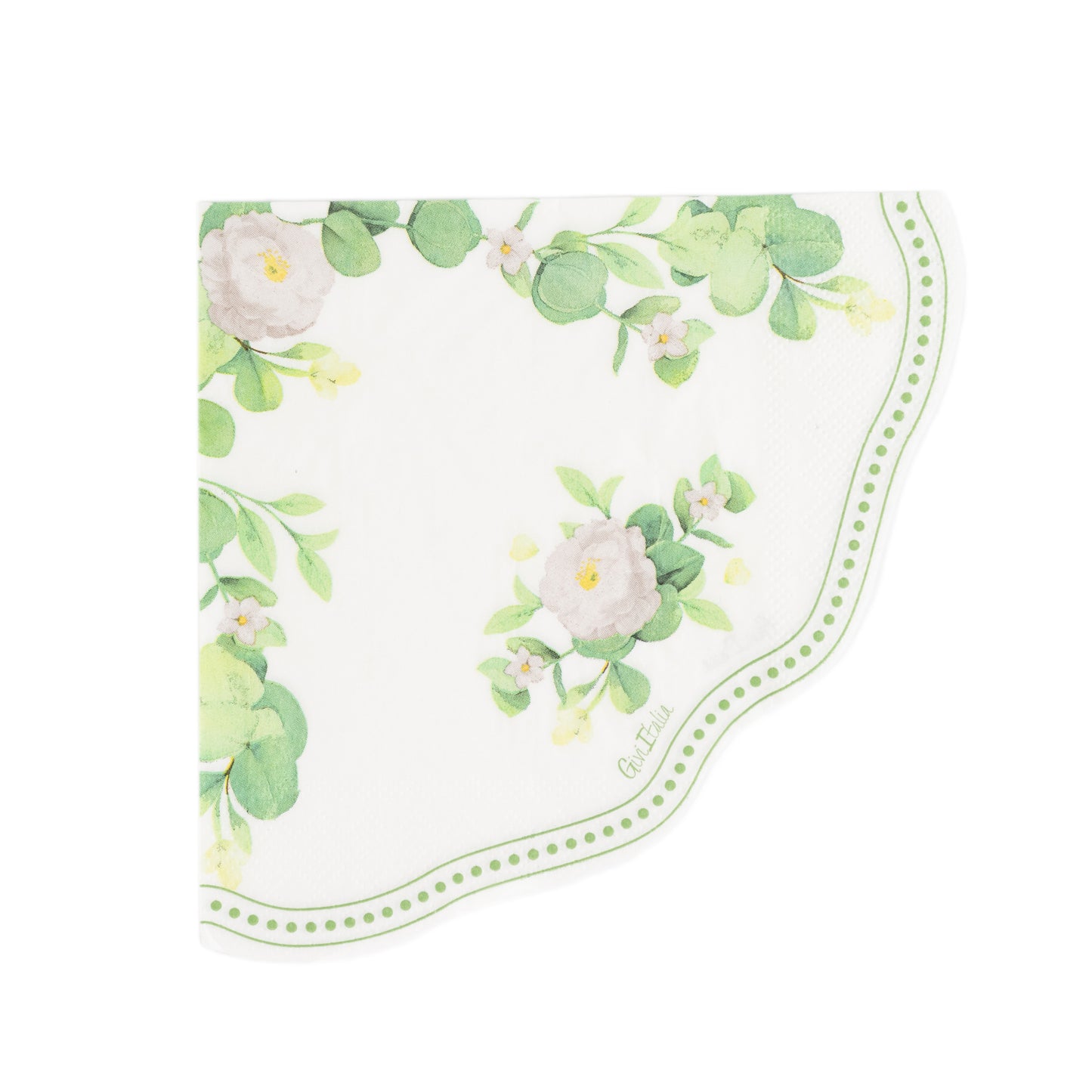 25 Pack White 2-Ply Floral Greenery Round Paper Napkins, Disposable Cocktail Beverage Napkins with Scalloped Edge - 12"