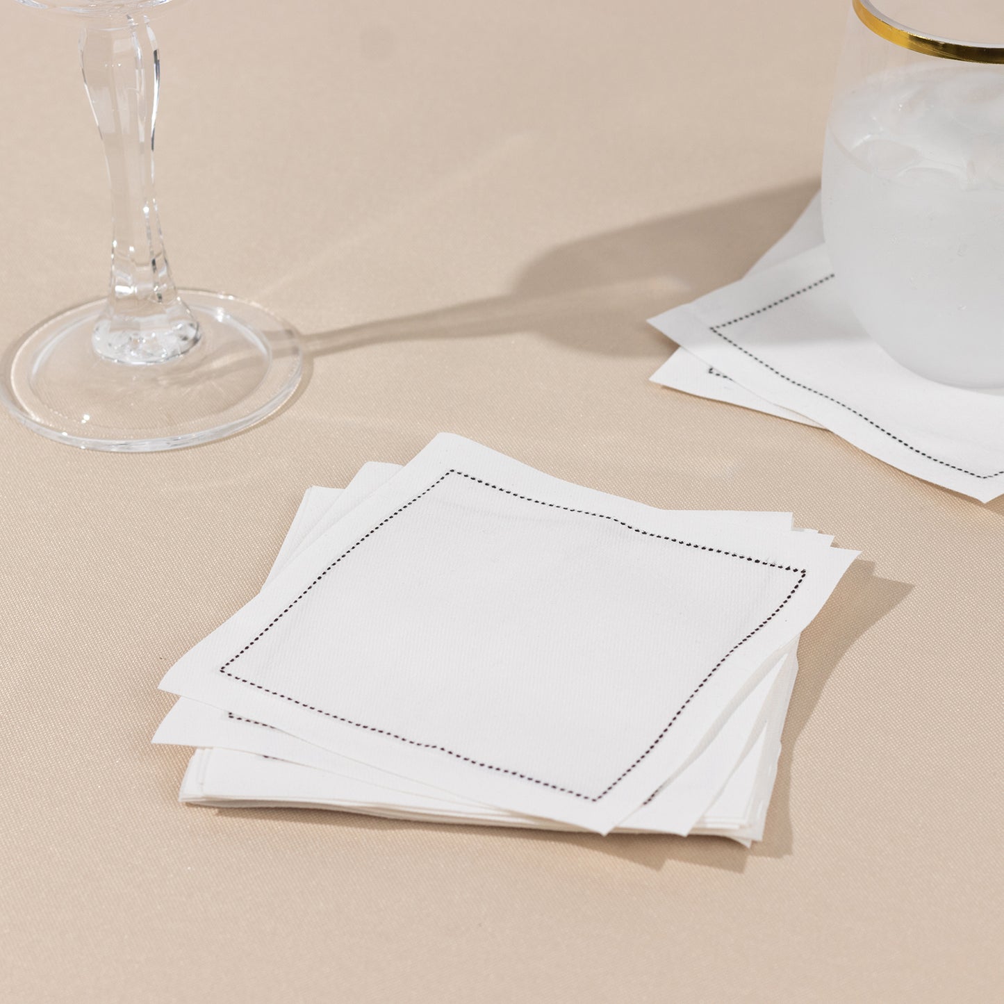 50 Pack White Cotton Beverage Napkins with Black Hemstitched Border, Small Disposable Party Cocktail Cloth Napkins - 4.5"x4.5"