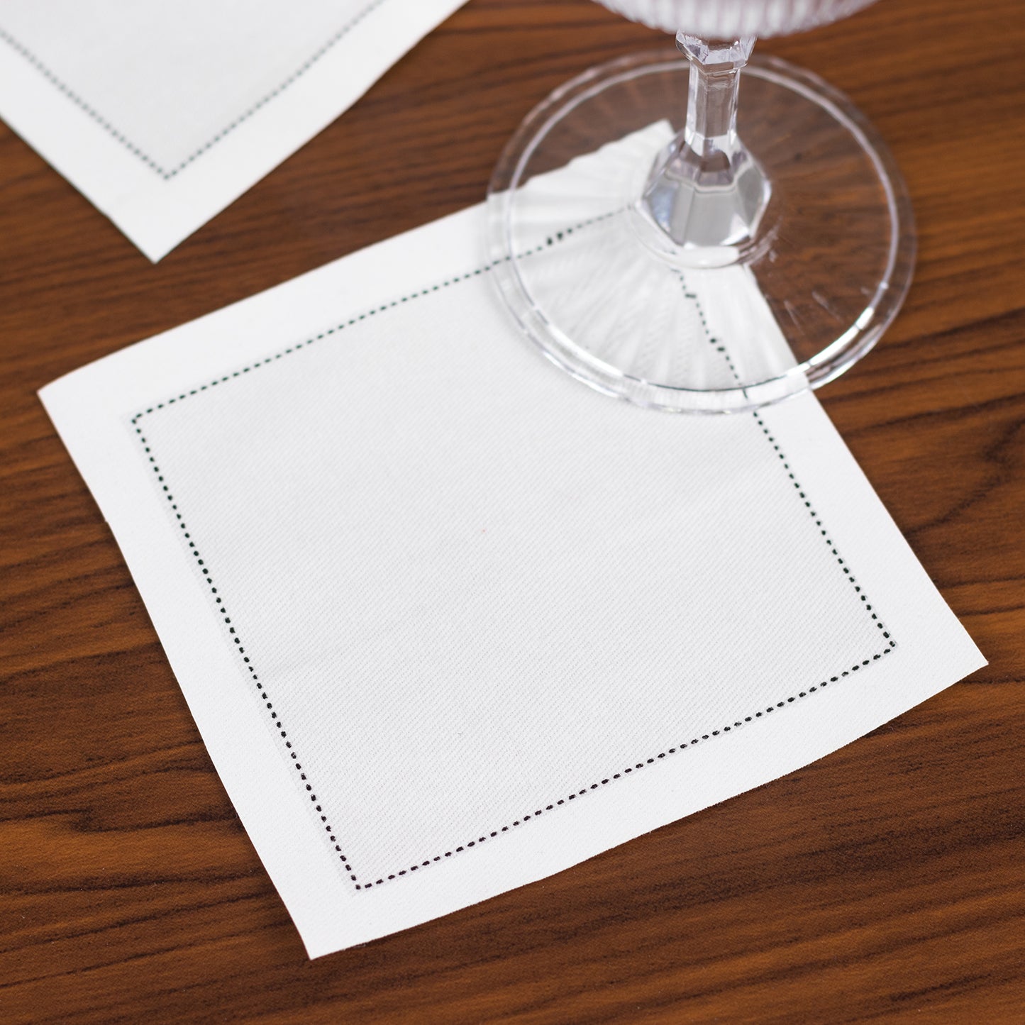 50 Pack White Cotton Beverage Napkins with Black Hemstitched Border, Small Disposable Party Cocktail Cloth Napkins - 4.5"x4.5"