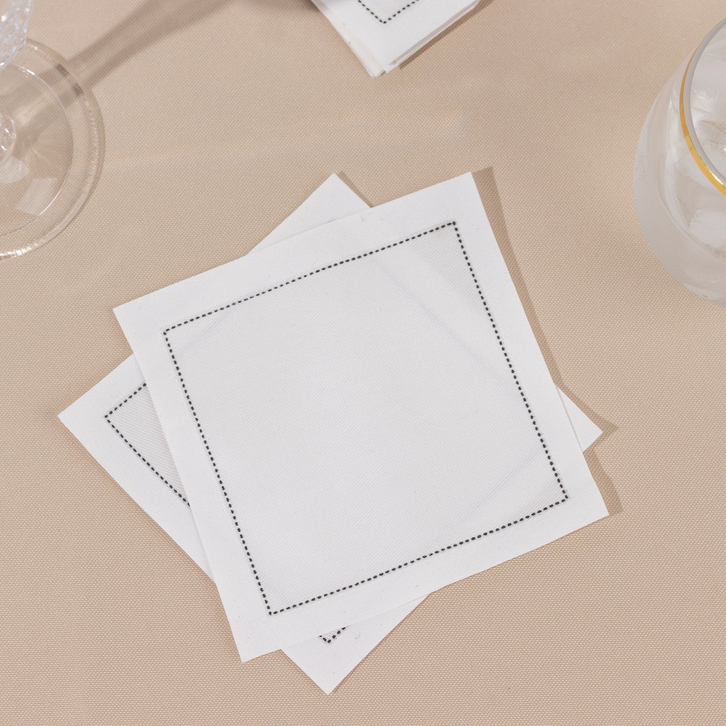 50 Pack White Cotton Beverage Napkins with Black Hemstitched Border, Small Disposable Party Cocktail Cloth Napkins - 4.5"x4.5"