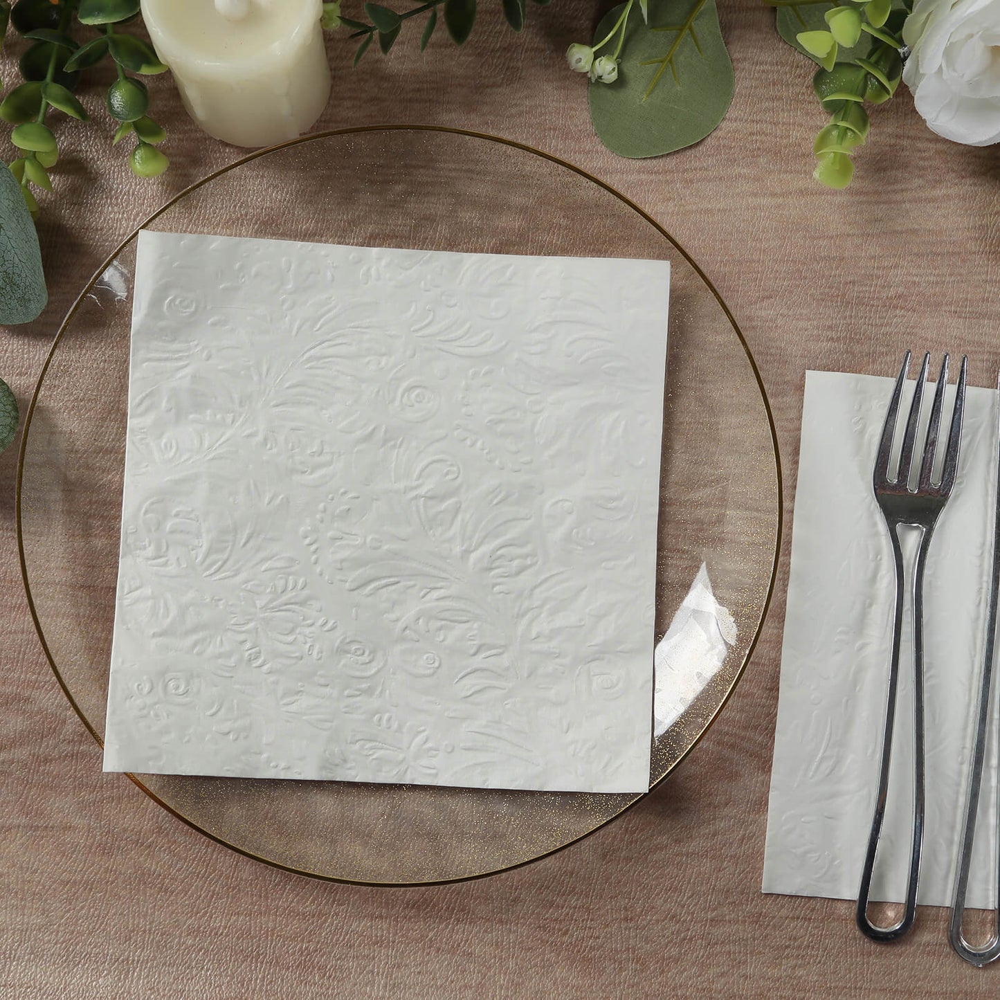 50 Pack White Embossed Paper Beverage Napkins With French Swirl Pattern, Soft 2-ply Disposable Party Cocktail Napkins - 6.5"x6.5"