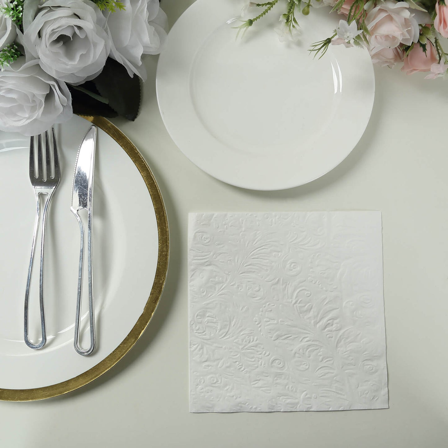 50 Pack White Embossed Paper Beverage Napkins With French Swirl Pattern, Soft 2-ply Disposable Party Cocktail Napkins - 6.5"x6.5"