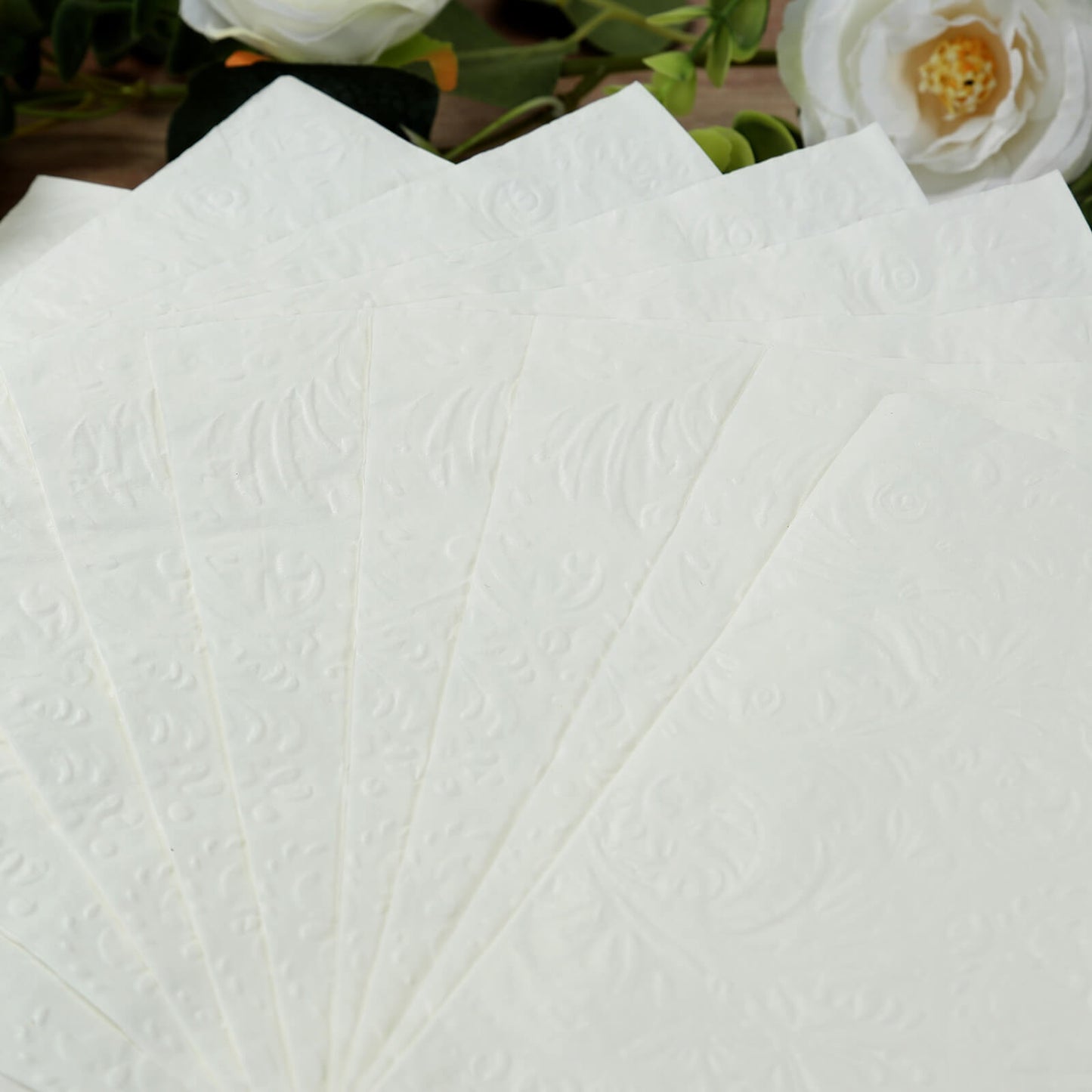 50 Pack White Embossed Paper Beverage Napkins With French Swirl Pattern, Soft 2-ply Disposable Party Cocktail Napkins - 6.5"x6.5"