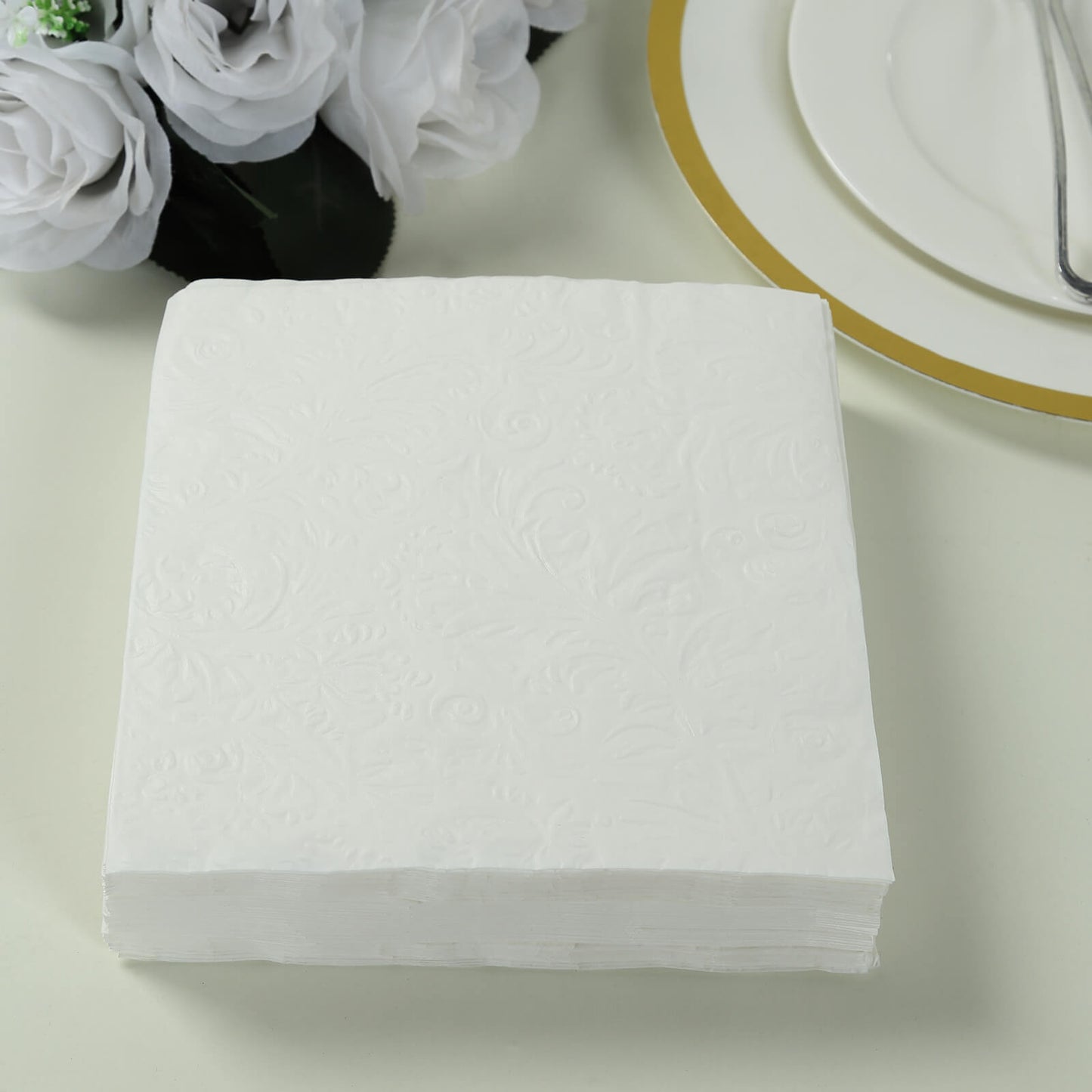 50 Pack White Embossed Paper Beverage Napkins With French Swirl Pattern, Soft 2-ply Disposable Party Cocktail Napkins - 6.5"x6.5"