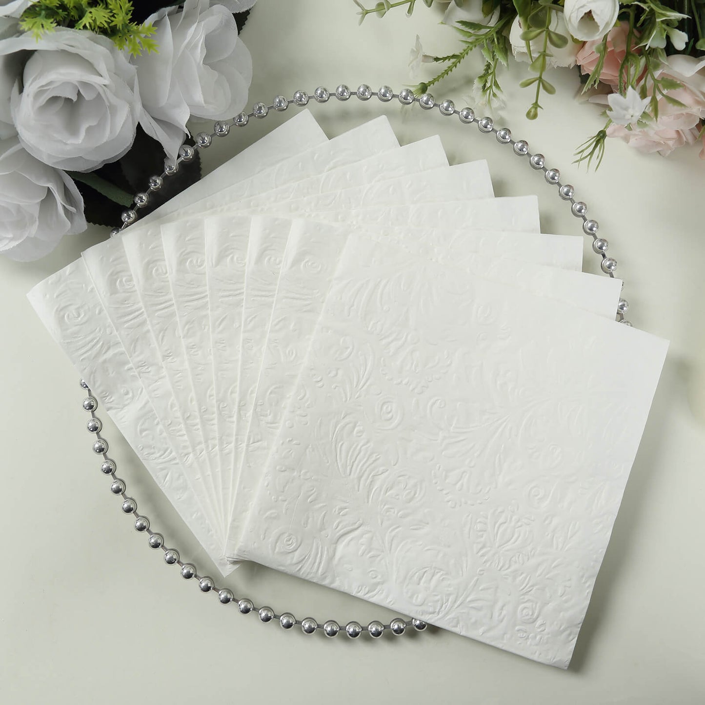 50 Pack White Embossed Paper Beverage Napkins With French Swirl Pattern, Soft 2-ply Disposable Party Cocktail Napkins - 6.5"x6.5"