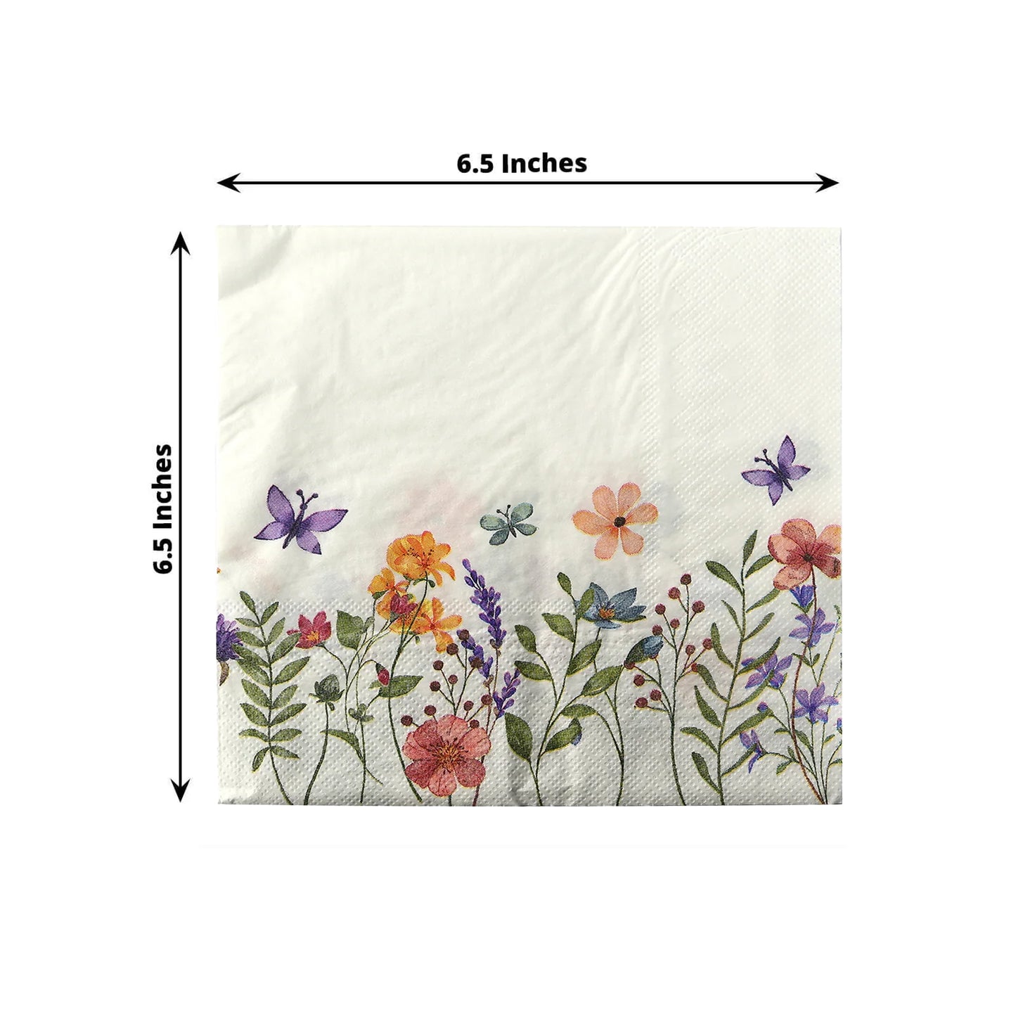 50 Pack Wildflower Butterfly Paper Beverage Napkins, Soft 2 Ply Highly Absorbent Disposable Luncheon Cocktail Napkins - 6.5"x6.5"