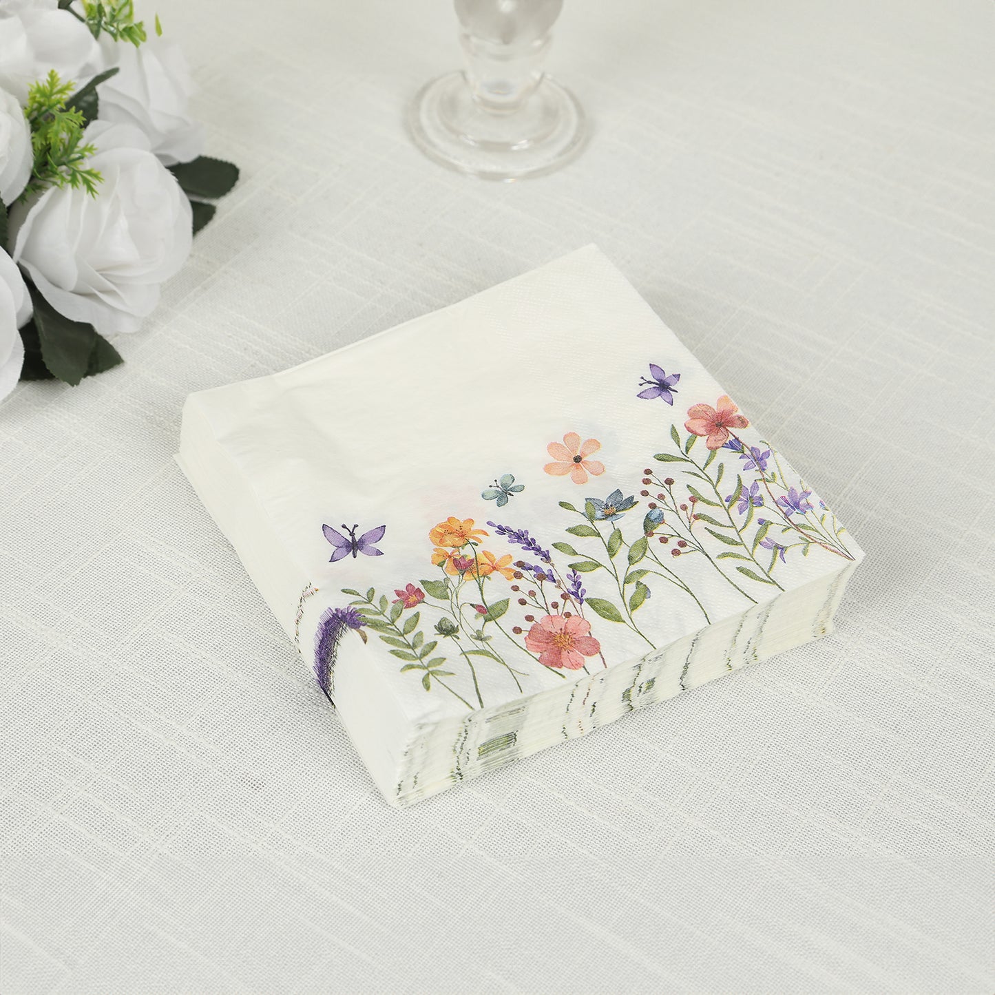 50 Pack Wildflower Butterfly Paper Beverage Napkins, Soft 2 Ply Highly Absorbent Disposable Luncheon Cocktail Napkins - 6.5"x6.5"