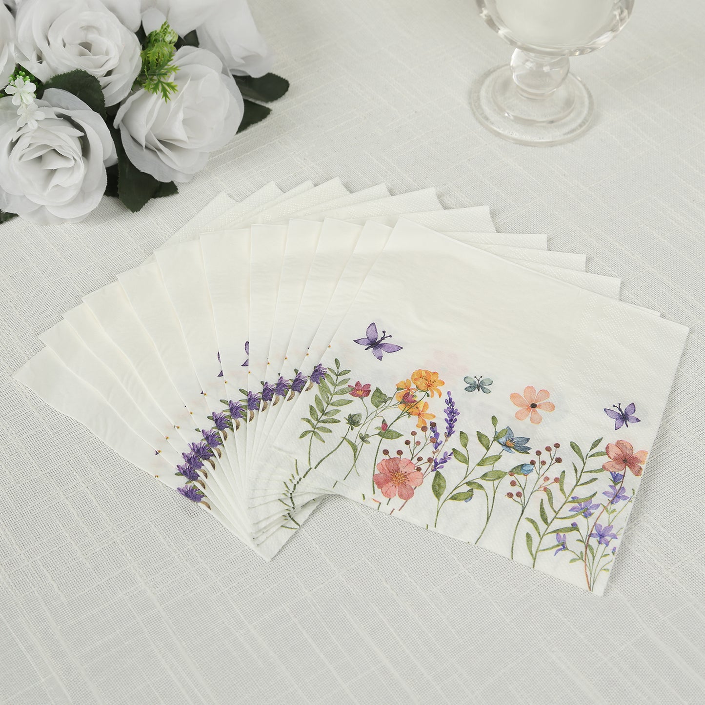 50 Pack Wildflower Butterfly Paper Beverage Napkins, Soft 2 Ply Highly Absorbent Disposable Luncheon Cocktail Napkins - 6.5"x6.5"