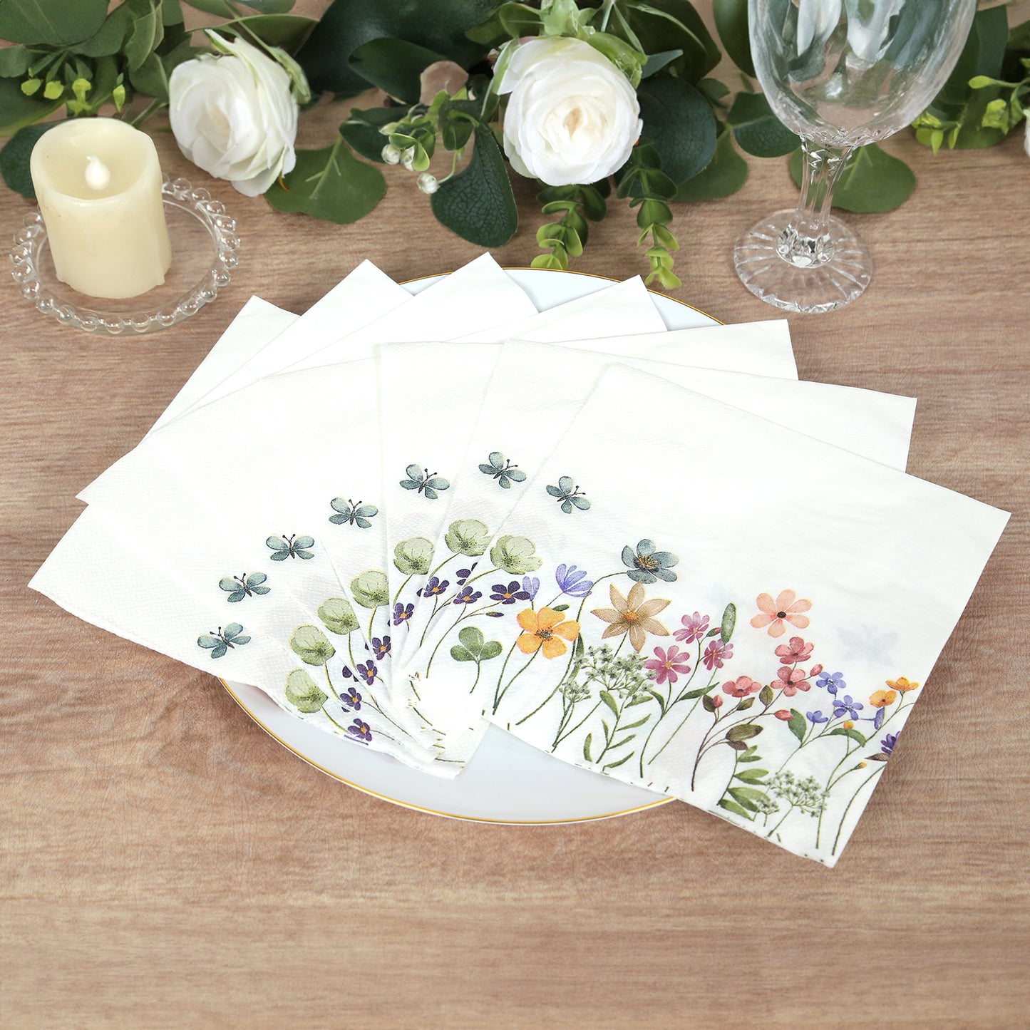 50 Pack Wildflower Butterfly Paper Beverage Napkins, Soft 2 Ply Highly Absorbent Disposable Luncheon Cocktail Napkins - 6.5"x6.5"