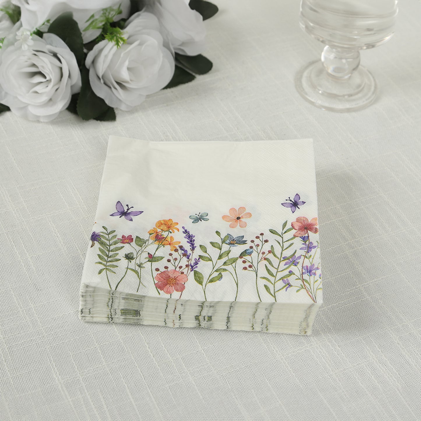 50 Pack Wildflower Butterfly Paper Beverage Napkins, Soft 2 Ply Highly Absorbent Disposable Luncheon Cocktail Napkins - 6.5"x6.5"