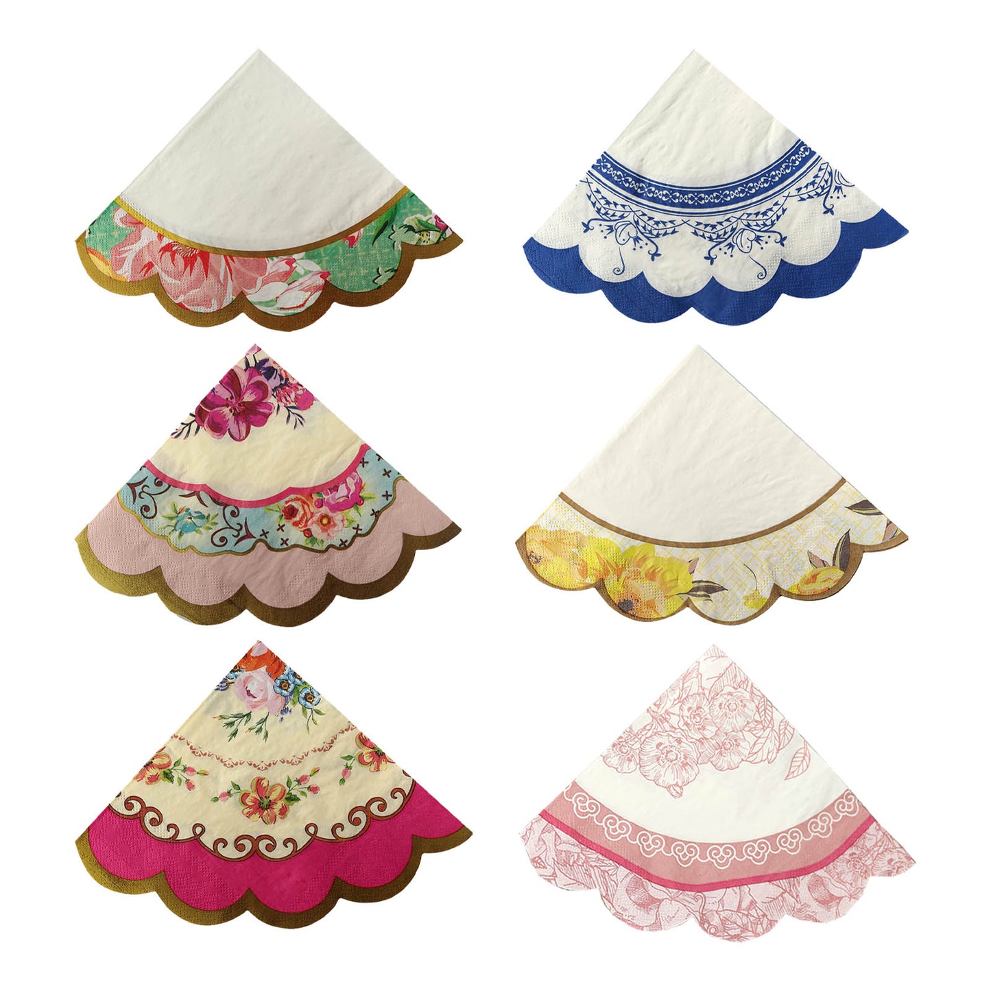 48 Pack Vintage Floral Round Paper Beverage Napkins with Scalloped Edges, Mixed Design 2-Ply Disposable Cocktail Napkins - 12"