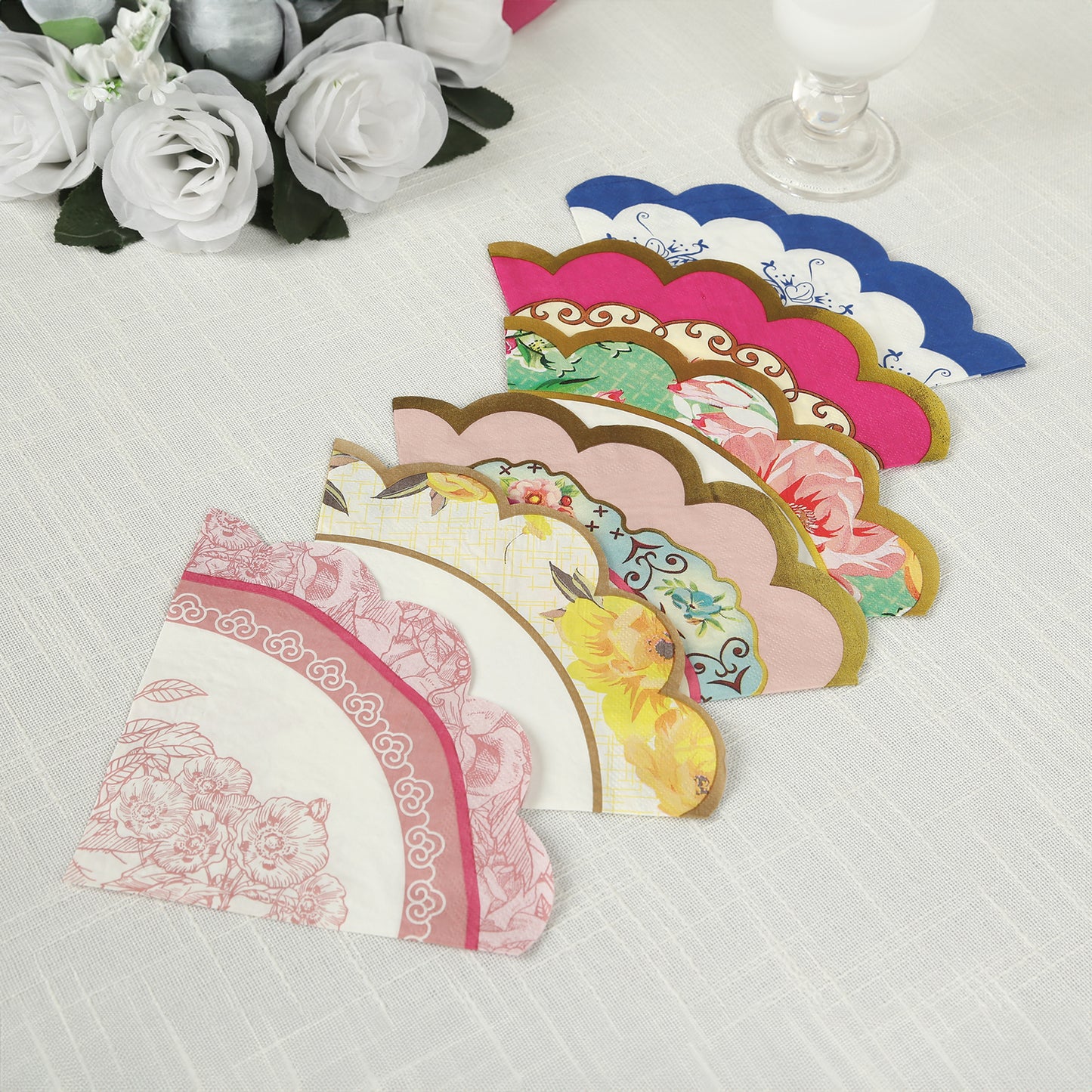 48 Pack Vintage Floral Round Paper Beverage Napkins with Scalloped Edges, Mixed Design 2-Ply Disposable Cocktail Napkins - 12"