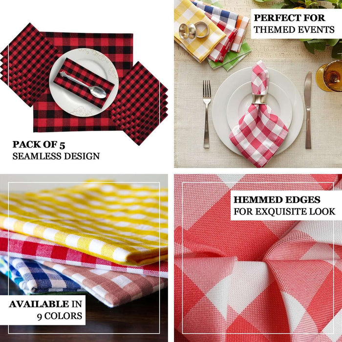 5 Pack | Yellow/White Buffalo Plaid Cloth Dinner Napkins, Gingham Style | 15"x15"