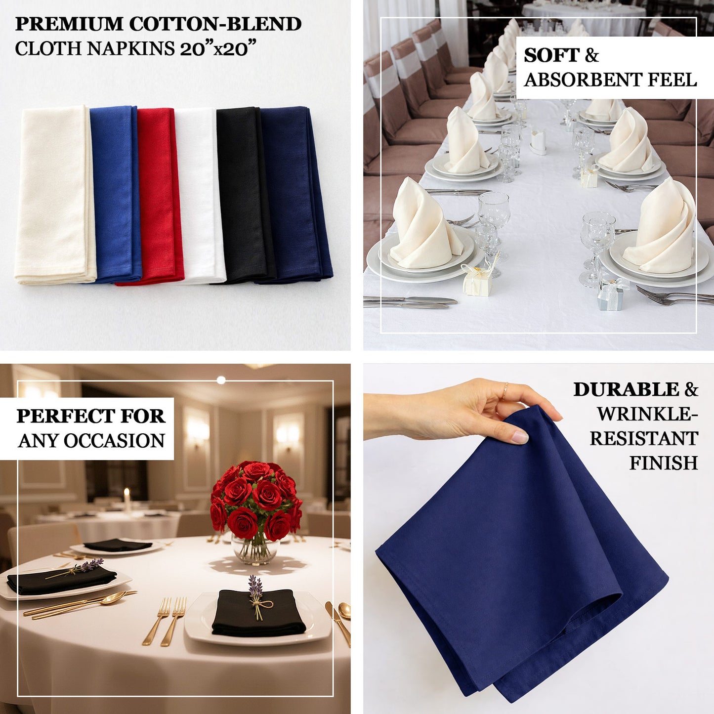Royal blue cotton blend cloth napkin, washable and reusable, 20"x20".