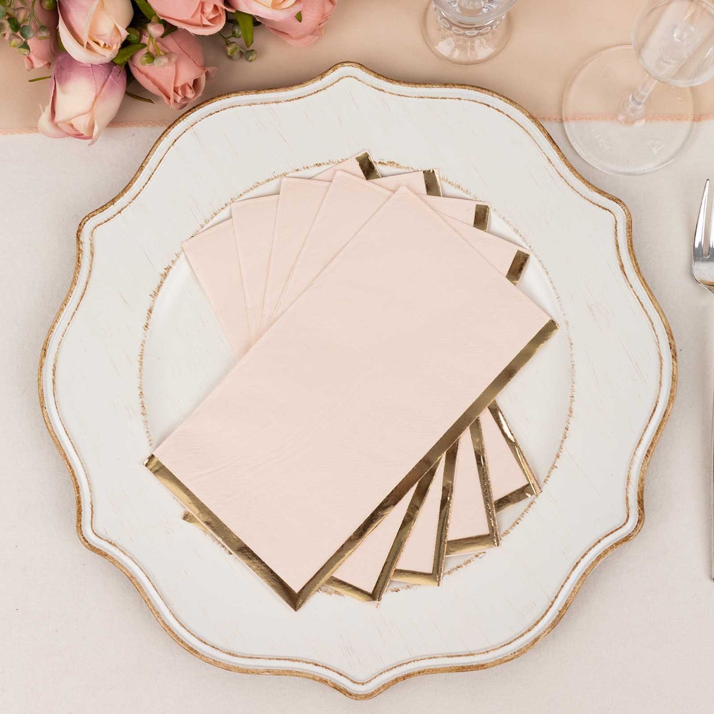 50 Pack Blush Soft 2 Ply Disposable Party Napkins with Gold Foil Edge, Dinner Paper Napkins