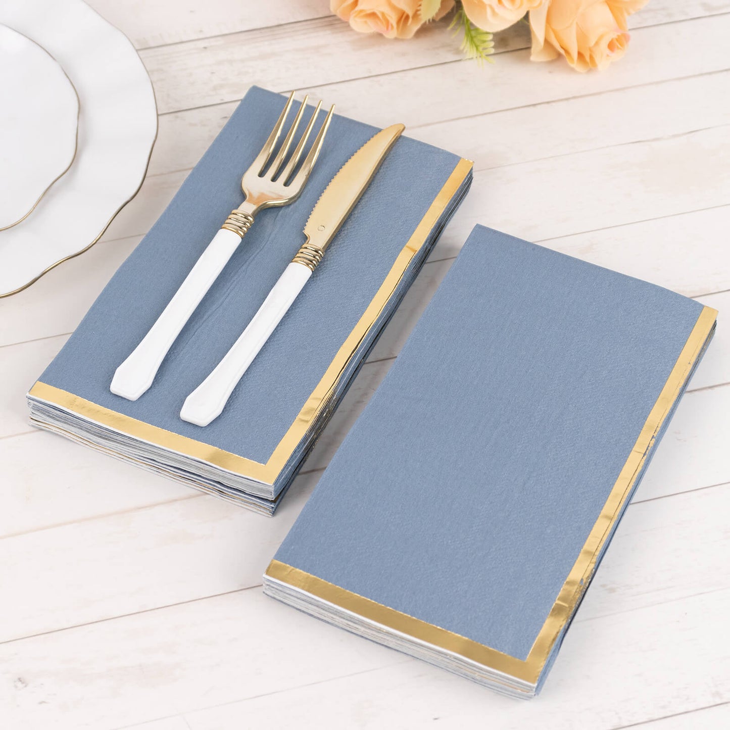 50 Pack Dusty Blue Soft 2 Ply Disposable Party Napkins with Gold Foil Edge, Dinner Paper Napkins