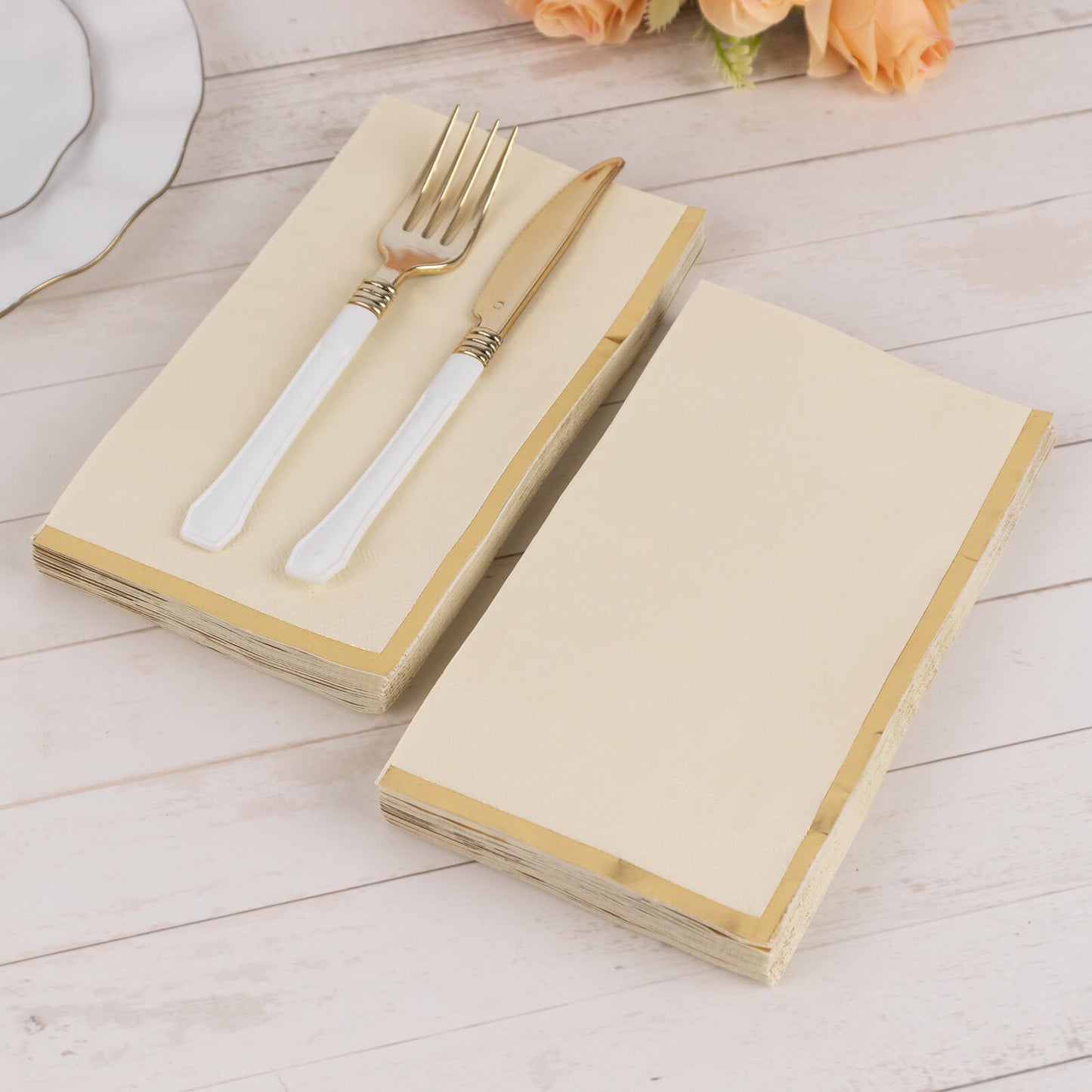 50 Pack Ivory Soft 2 Ply Disposable Party Napkins with Gold Foil Edge, Dinner Paper Napkins