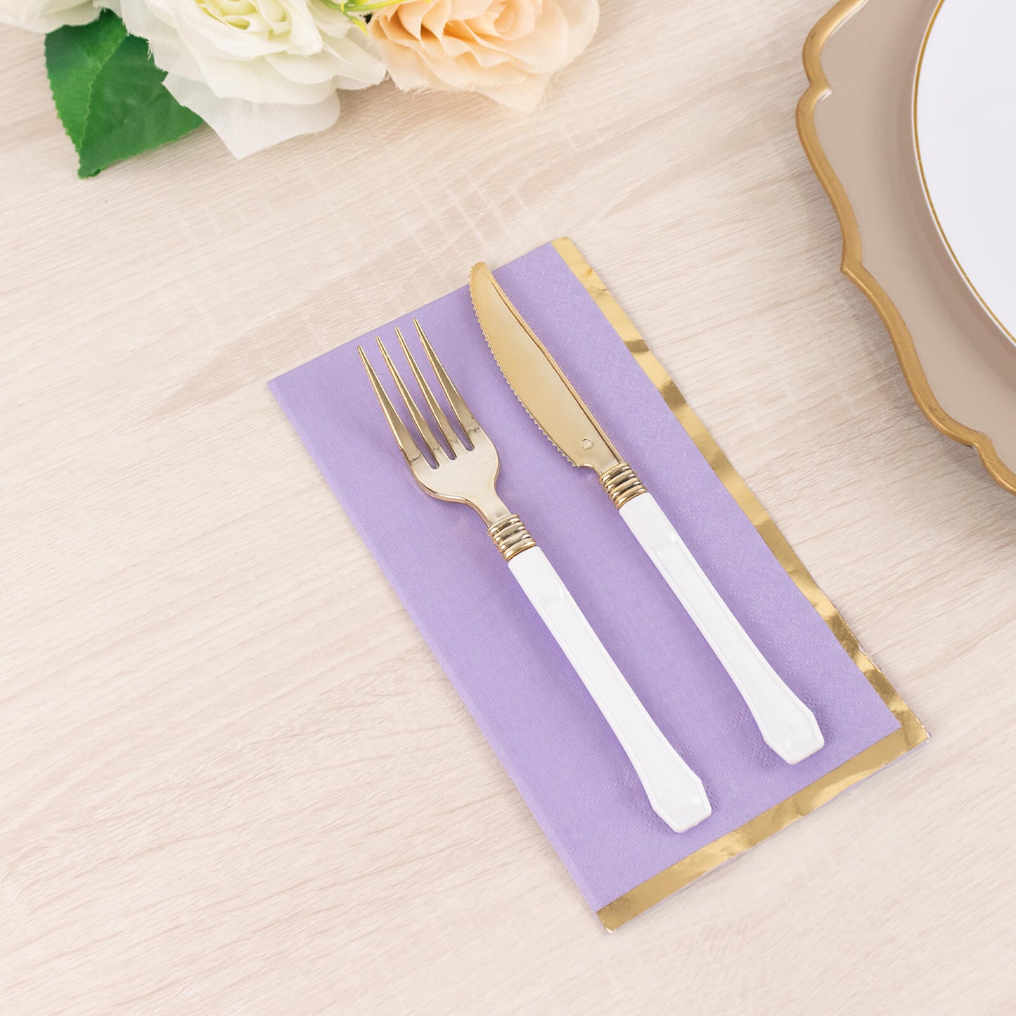 50 Pack Lavender Soft 2 Ply Disposable Party Napkins with Gold Foil Edge, Dinner Paper Napkins