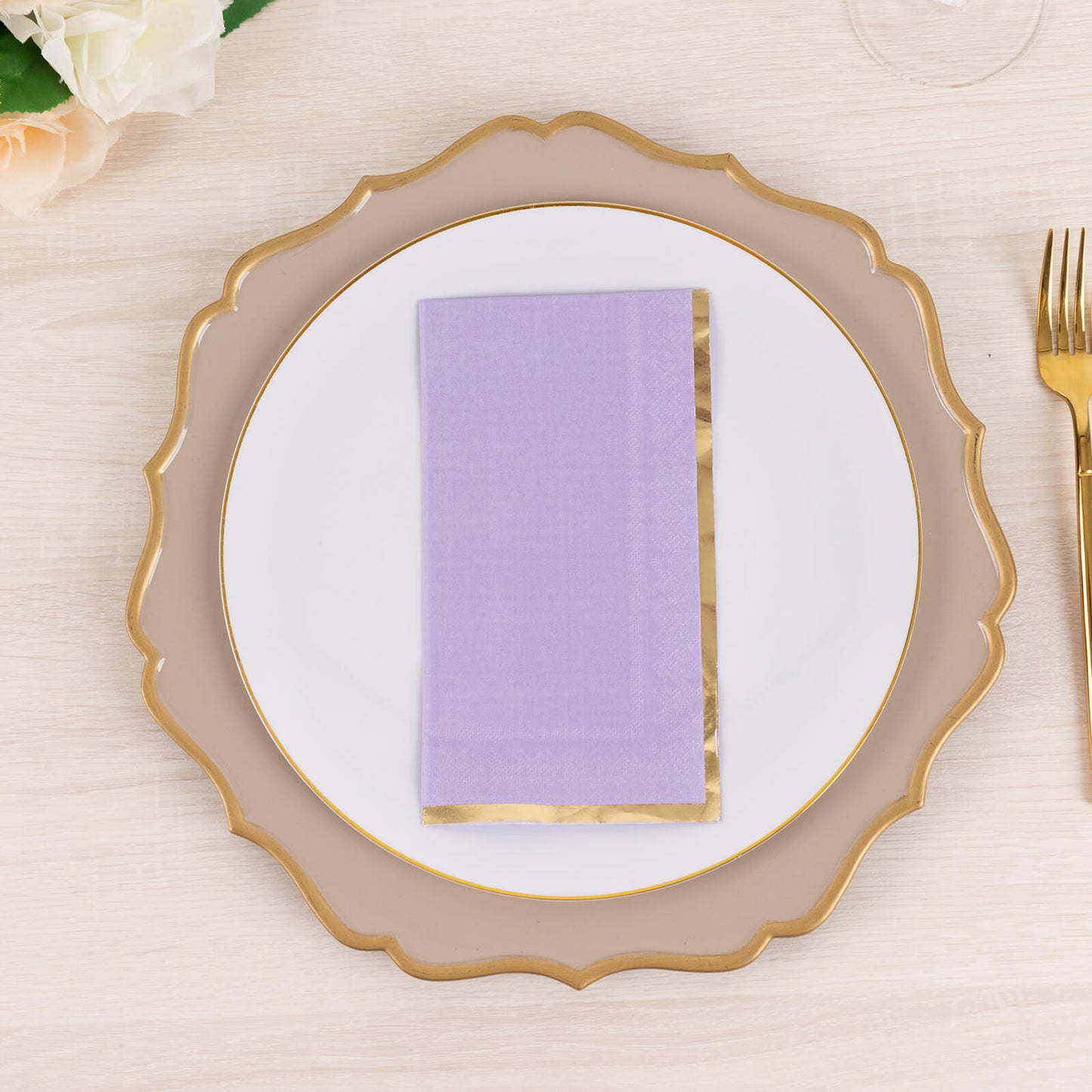 50 Pack Lavender Soft 2 Ply Disposable Party Napkins with Gold Foil Edge, Dinner Paper Napkins