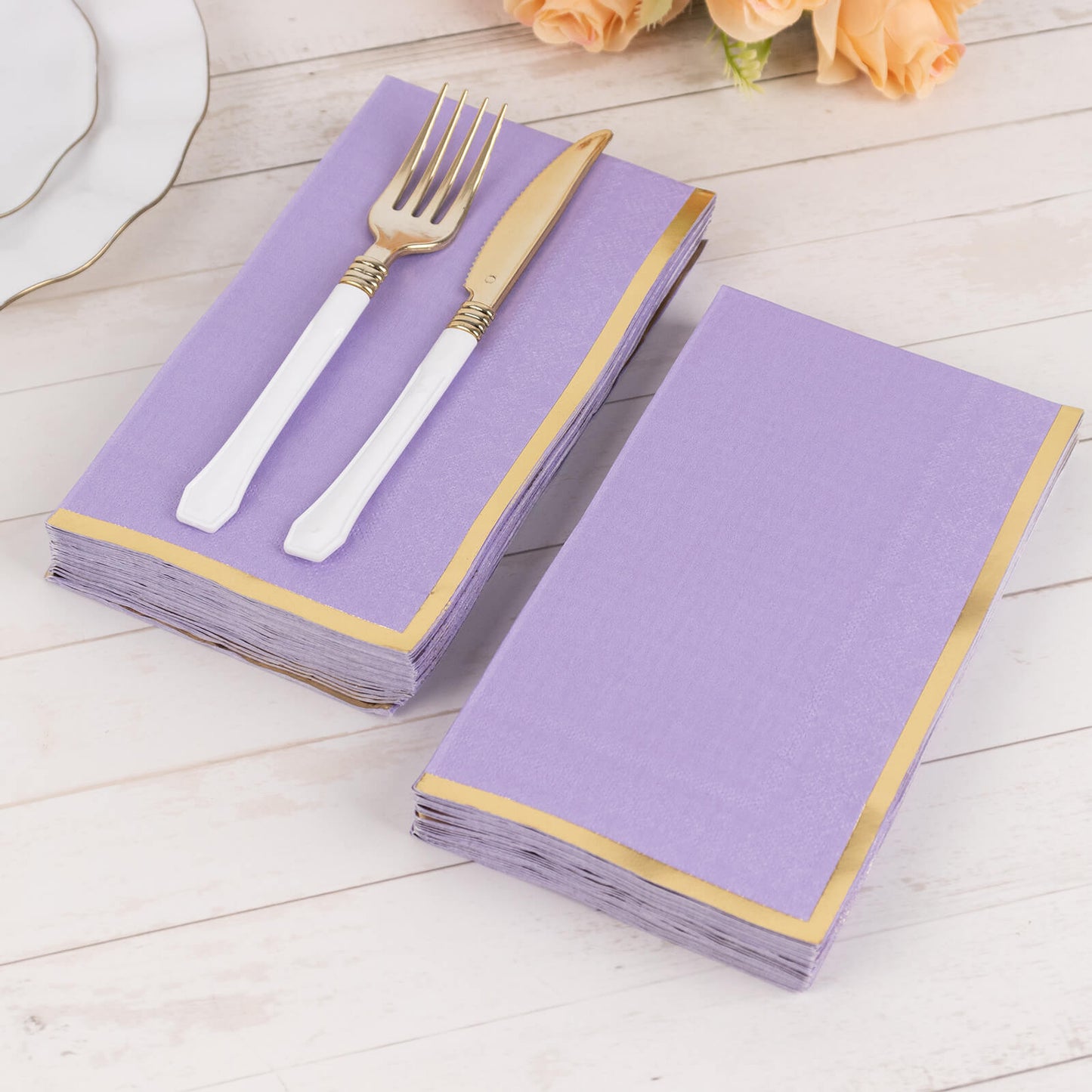 50 Pack Lavender Soft 2 Ply Disposable Party Napkins with Gold Foil Edge, Dinner Paper Napkins