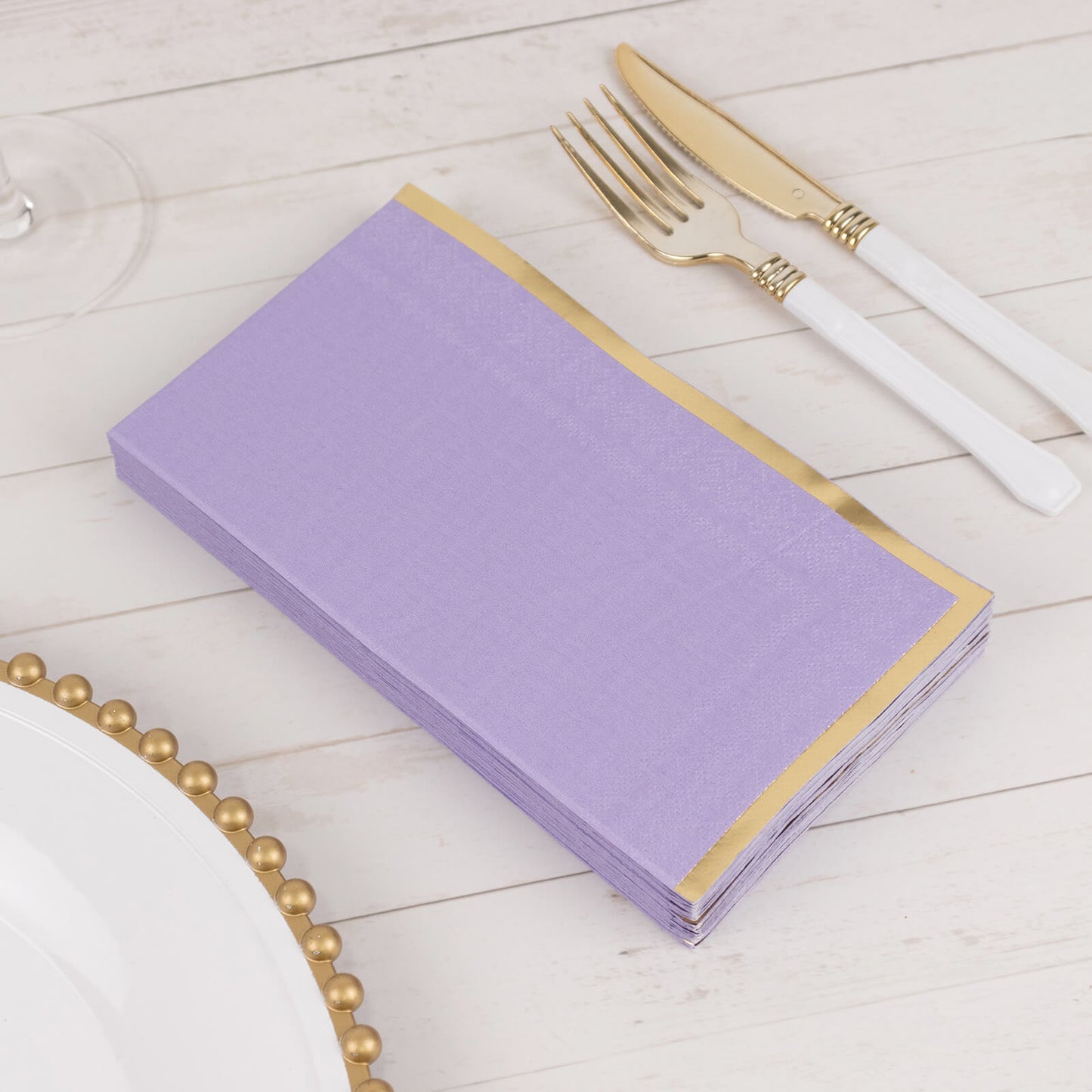 50 Pack Lavender Soft 2 Ply Disposable Party Napkins with Gold Foil Edge, Dinner Paper Napkins