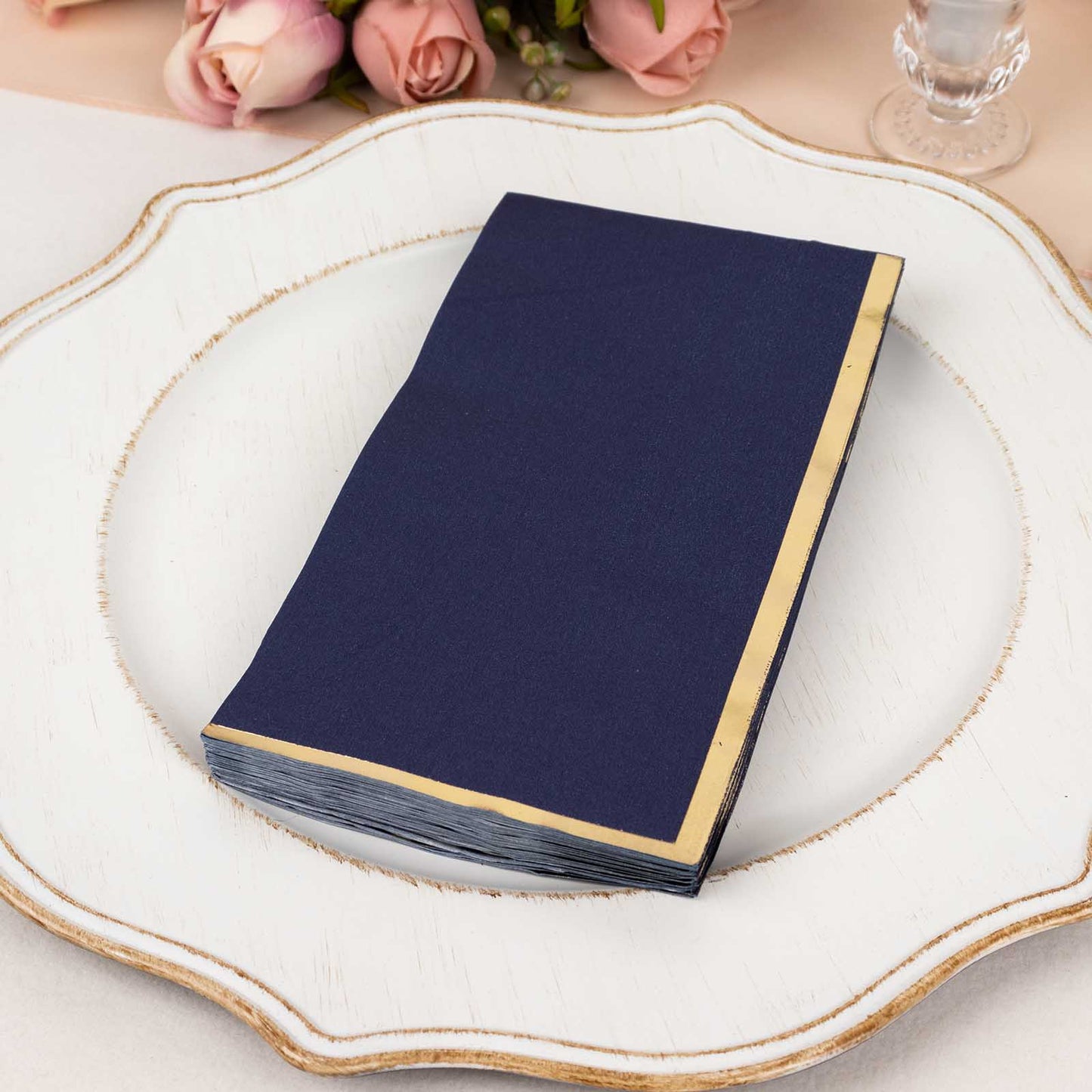 50 Pack Navy Blue Soft 2 Ply Disposable Party Napkins with Gold Foil Edge, Dinner Paper Napkins