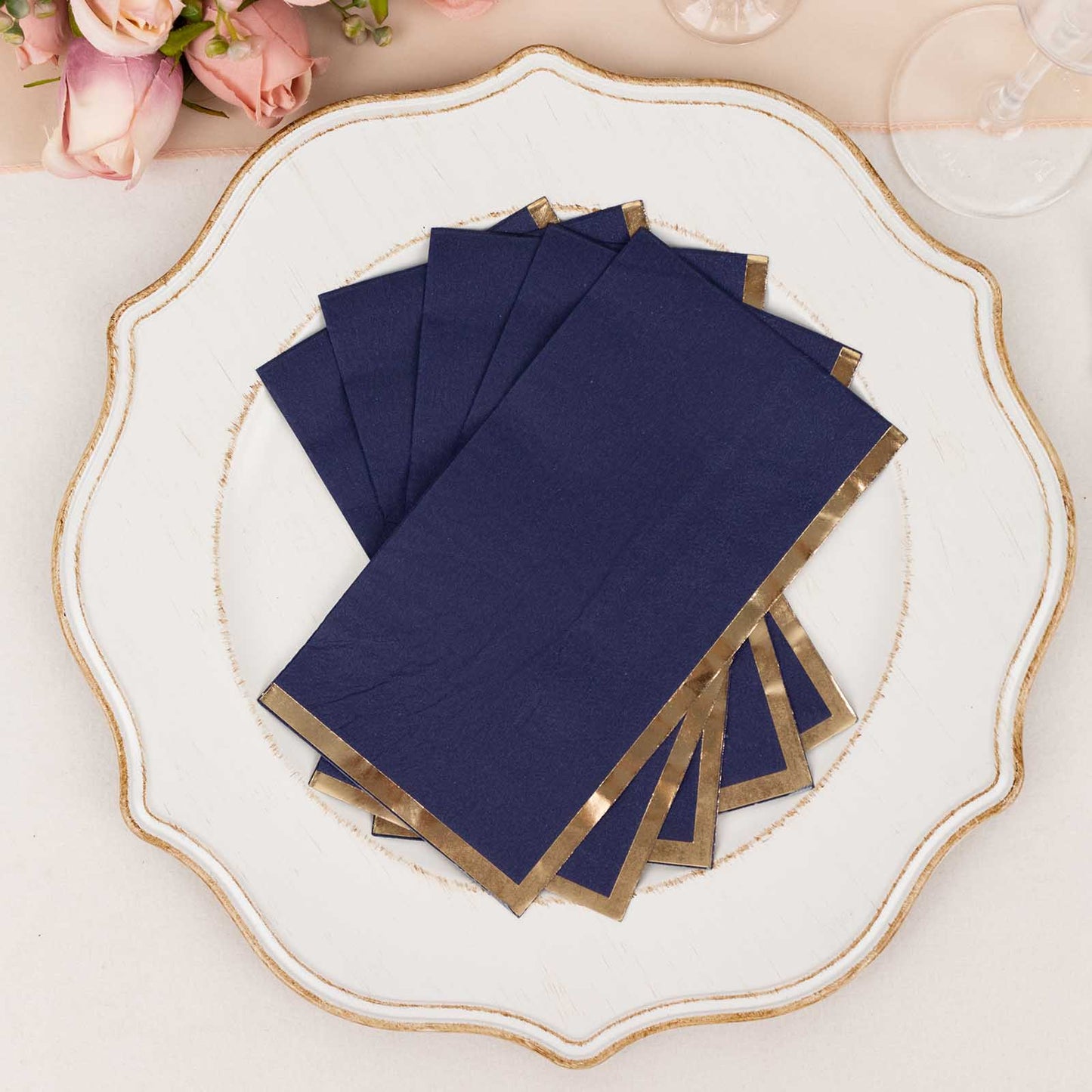 50 Pack Navy Blue Soft 2 Ply Disposable Party Napkins with Gold Foil Edge, Dinner Paper Napkins