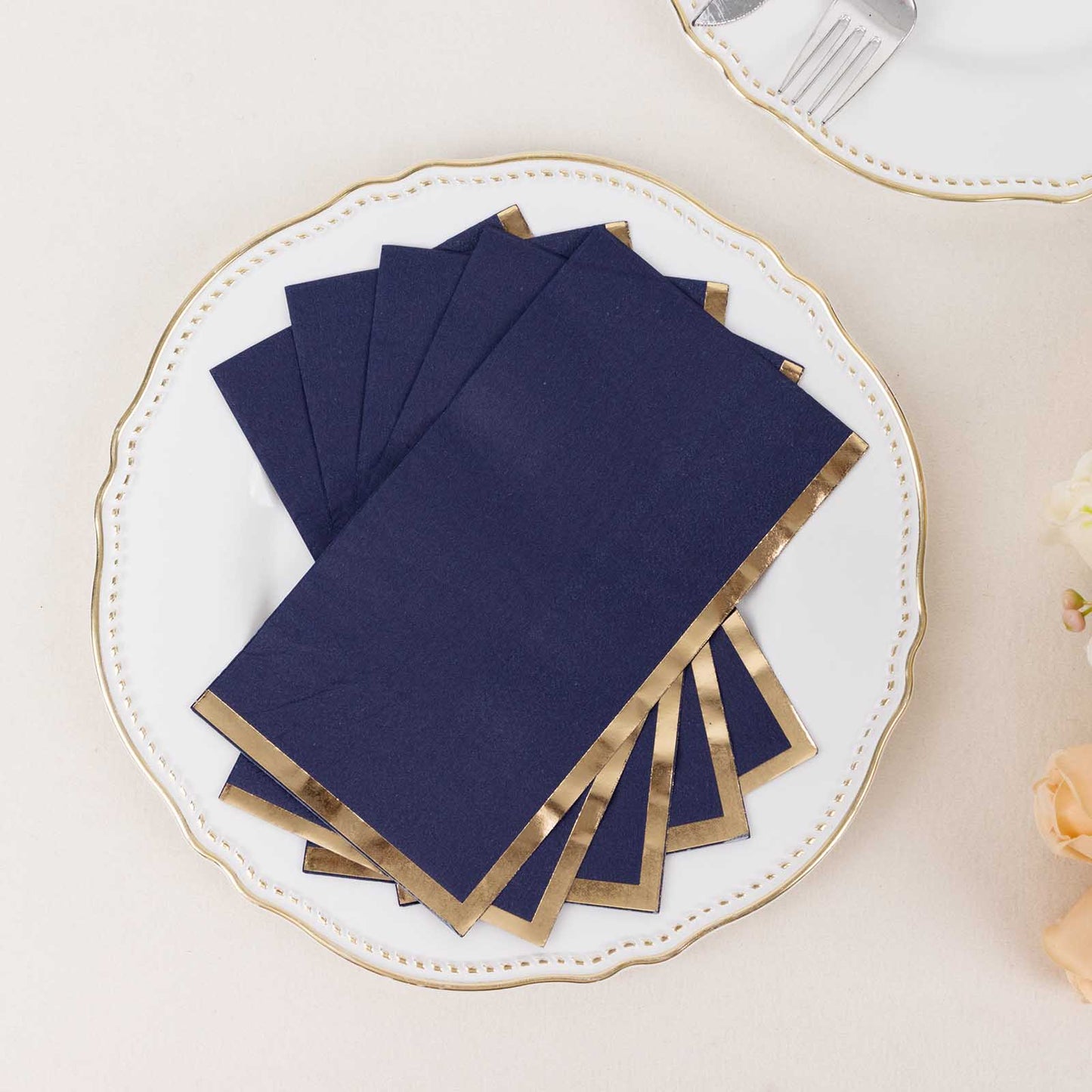 50 Pack Navy Blue Soft 2 Ply Disposable Party Napkins with Gold Foil Edge, Dinner Paper Napkins