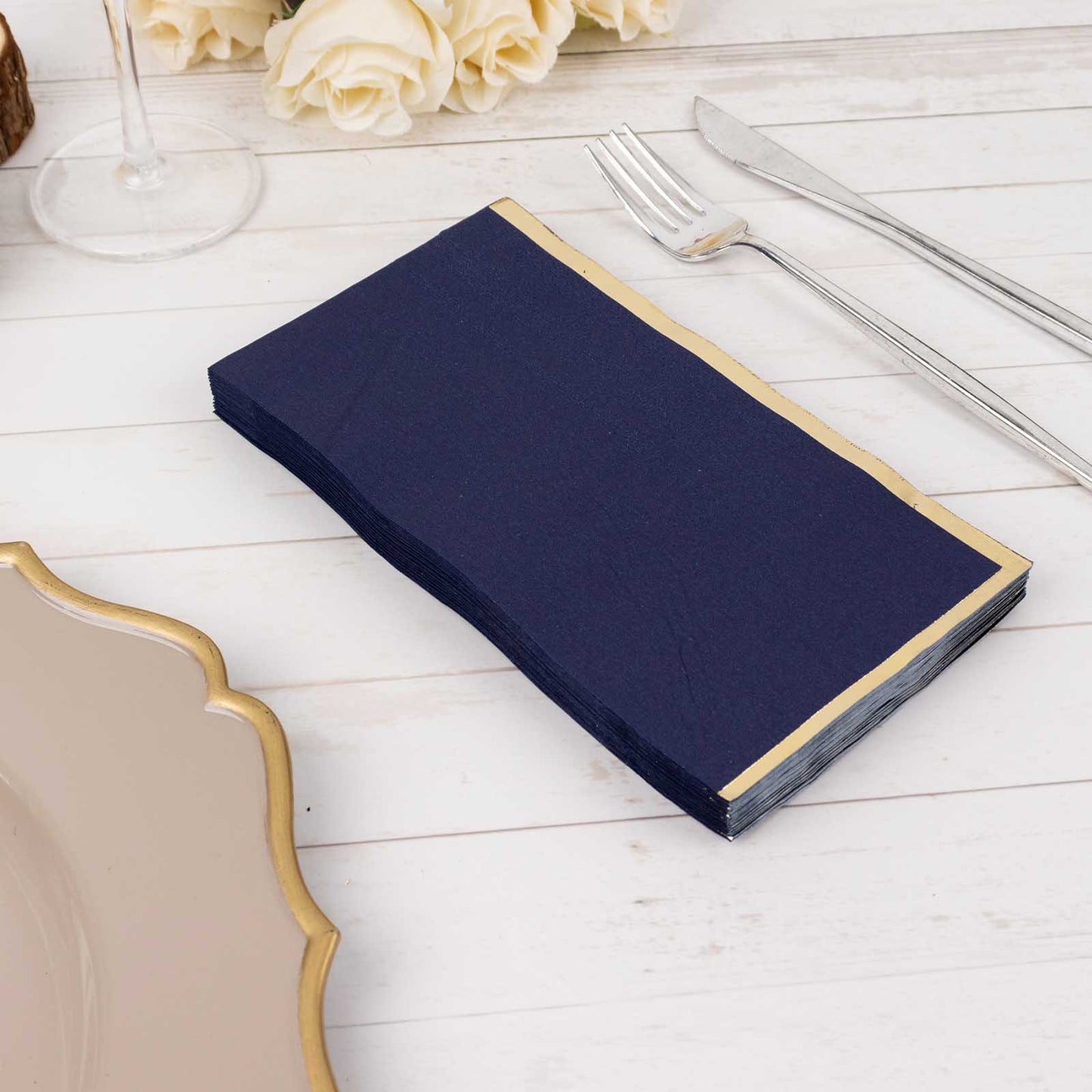 50 Pack Navy Blue Soft 2 Ply Disposable Party Napkins with Gold Foil Edge, Dinner Paper Napkins