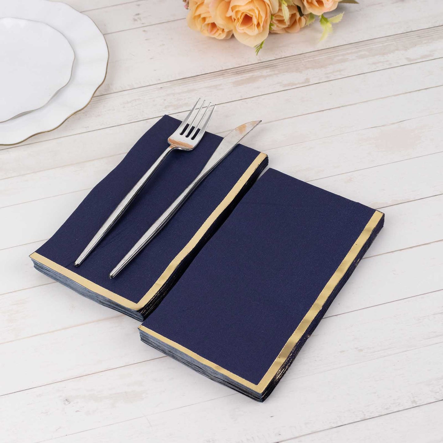 50 Pack Navy Blue Soft 2 Ply Disposable Party Napkins with Gold Foil Edge, Dinner Paper Napkins