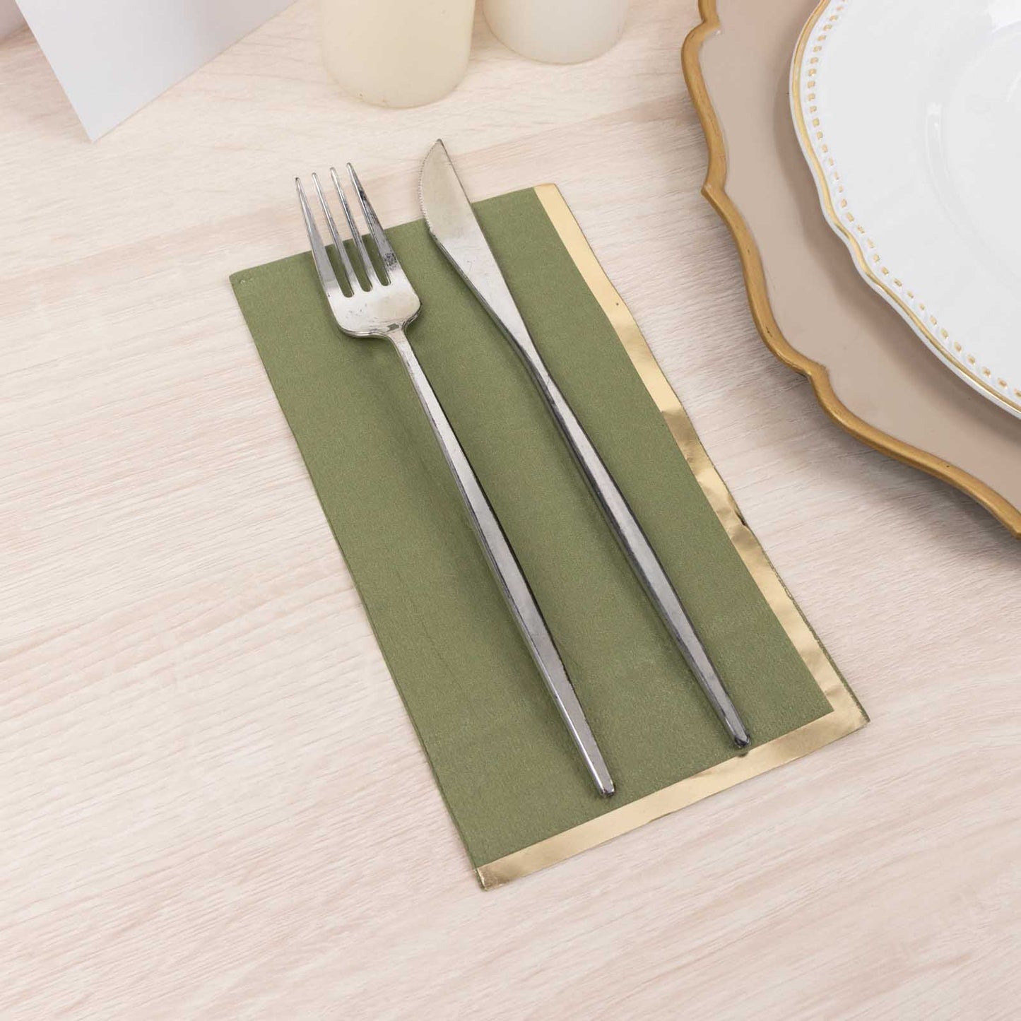 50 Pack Olive Green Soft 2 Ply Disposable Party Napkins with Gold Foil Edge, Dinner Paper Napkins