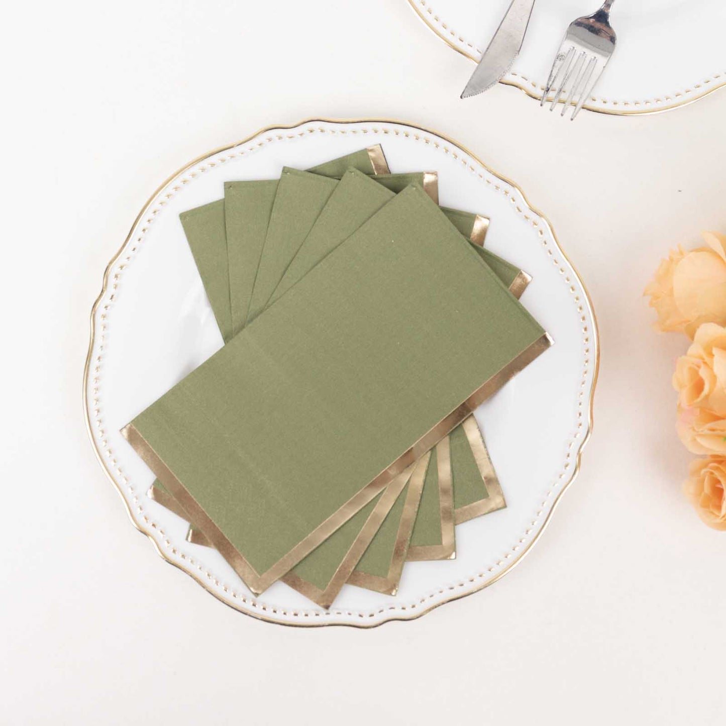 50 Pack Olive Green Soft 2 Ply Disposable Party Napkins with Gold Foil Edge, Dinner Paper Napkins