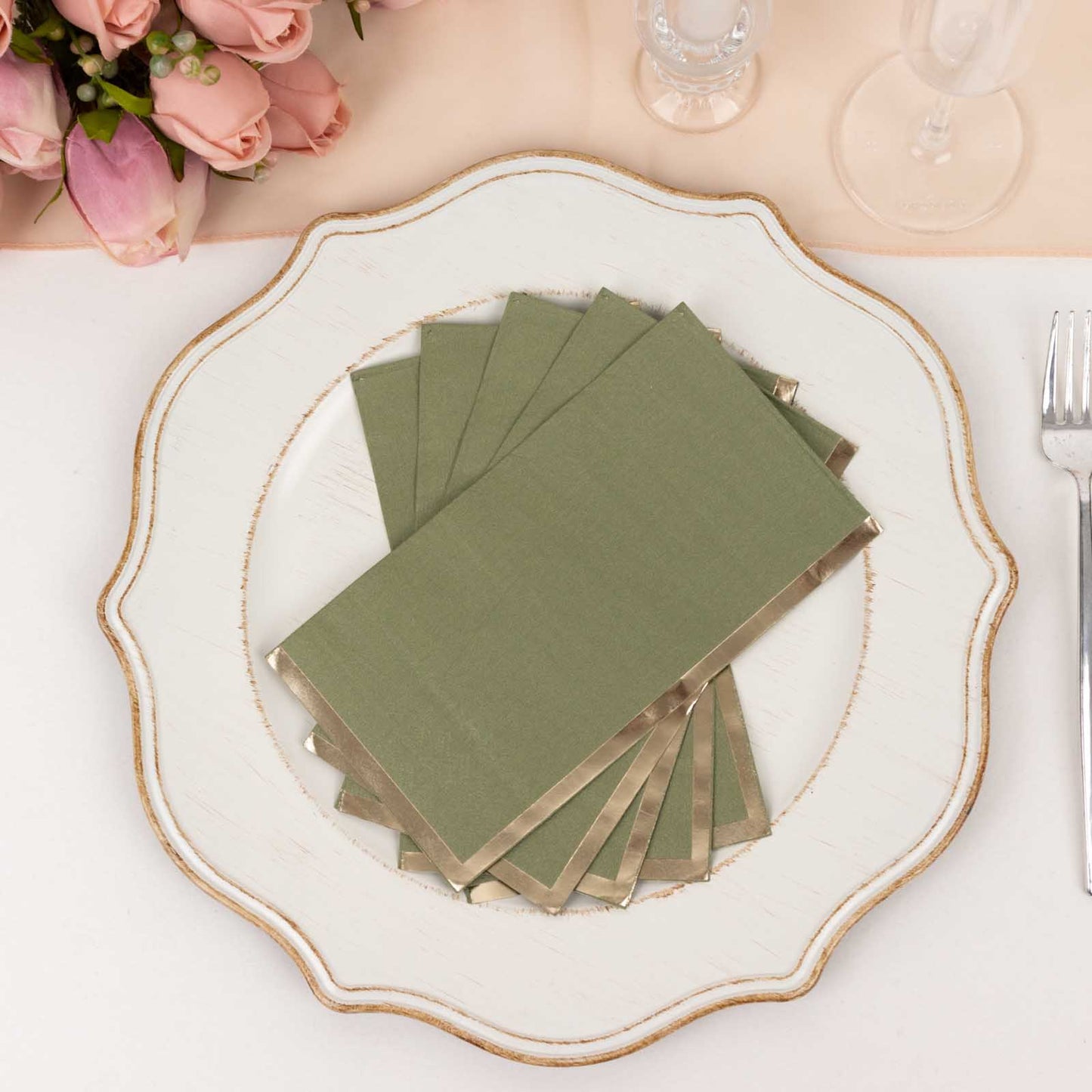 50 Pack Olive Green Soft 2 Ply Disposable Party Napkins with Gold Foil Edge, Dinner Paper Napkins