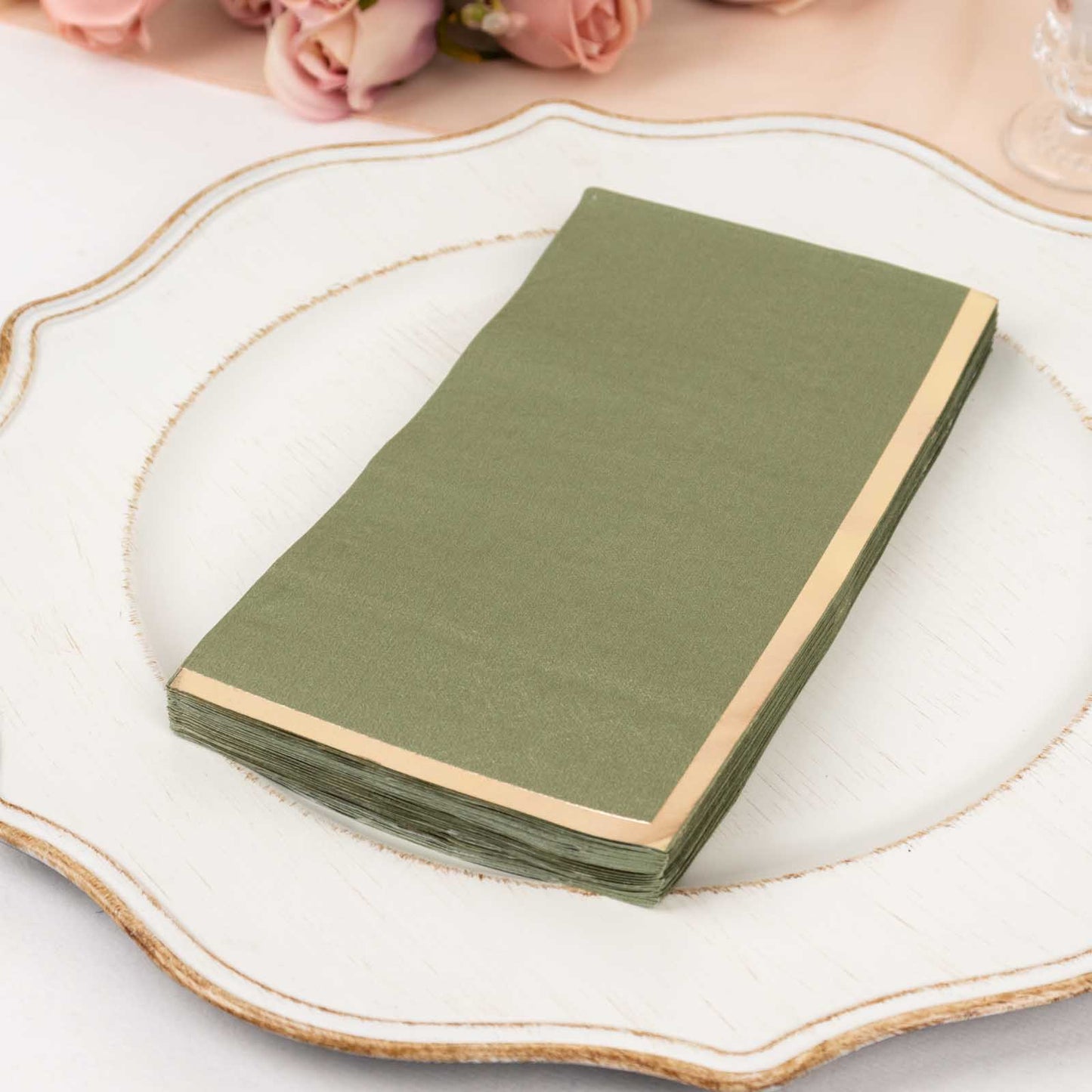 50 Pack Olive Green Soft 2 Ply Disposable Party Napkins with Gold Foil Edge, Dinner Paper Napkins