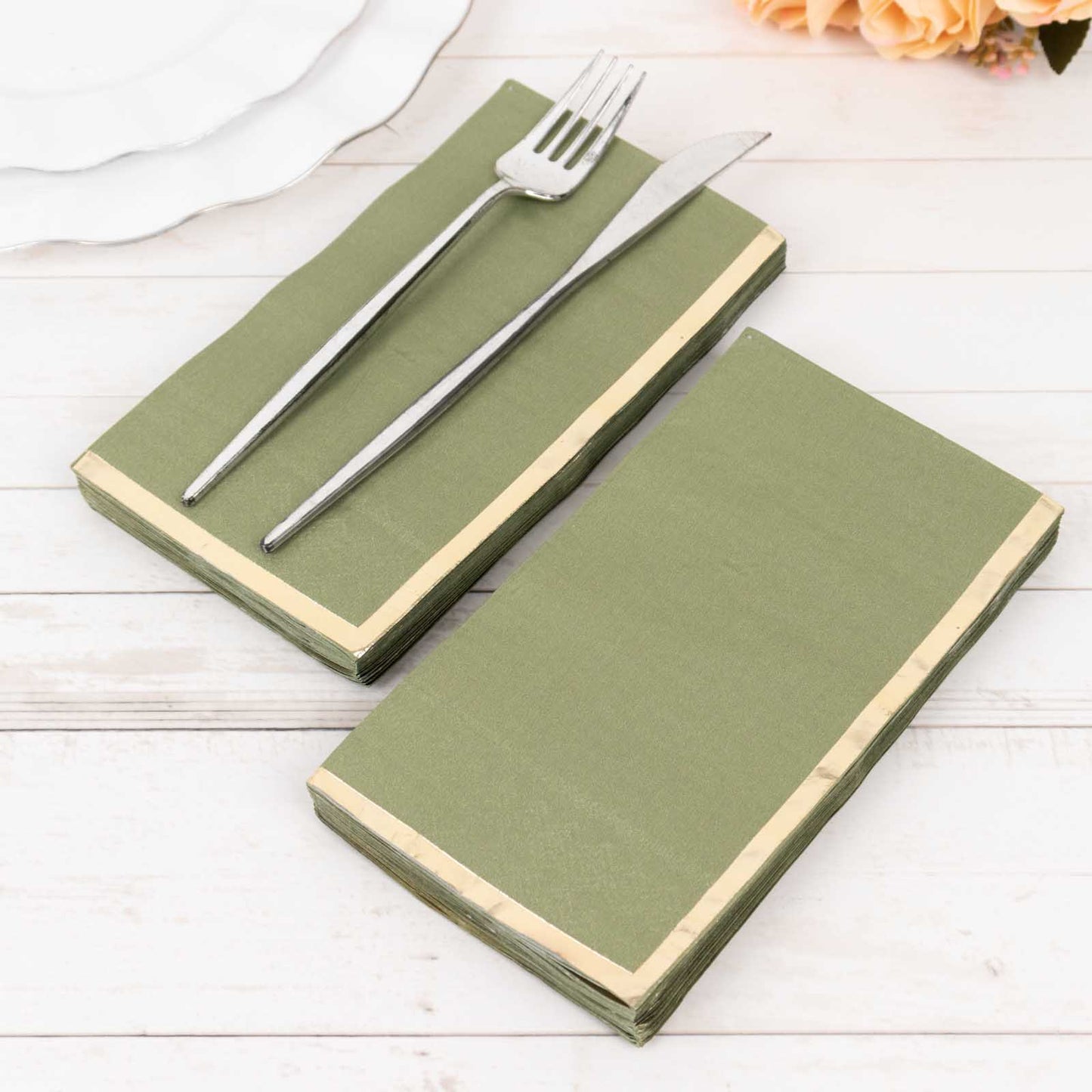 50 Pack Olive Green Soft 2 Ply Disposable Party Napkins with Gold Foil Edge, Dinner Paper Napkins