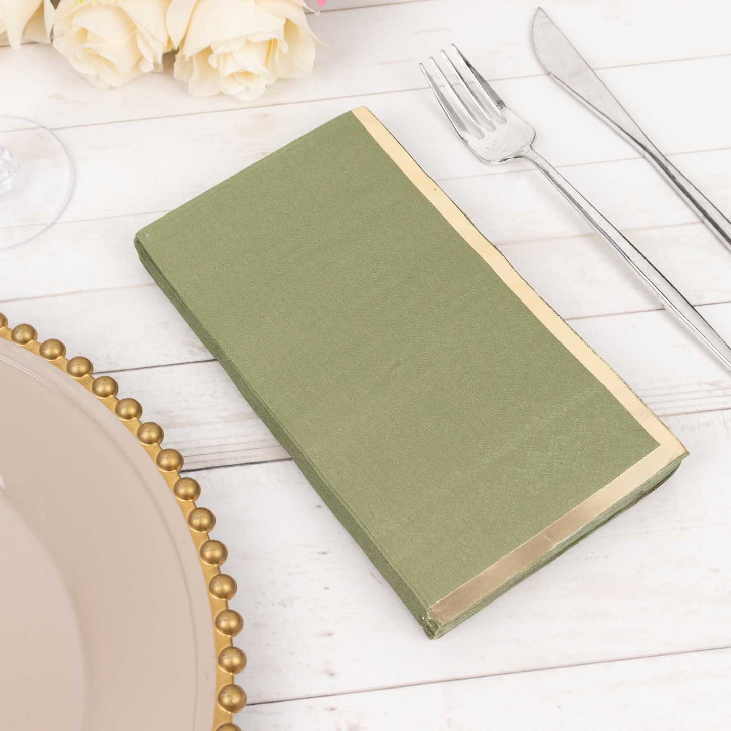 50 Pack Olive Green Soft 2 Ply Disposable Party Napkins with Gold Foil Edge, Dinner Paper Napkins