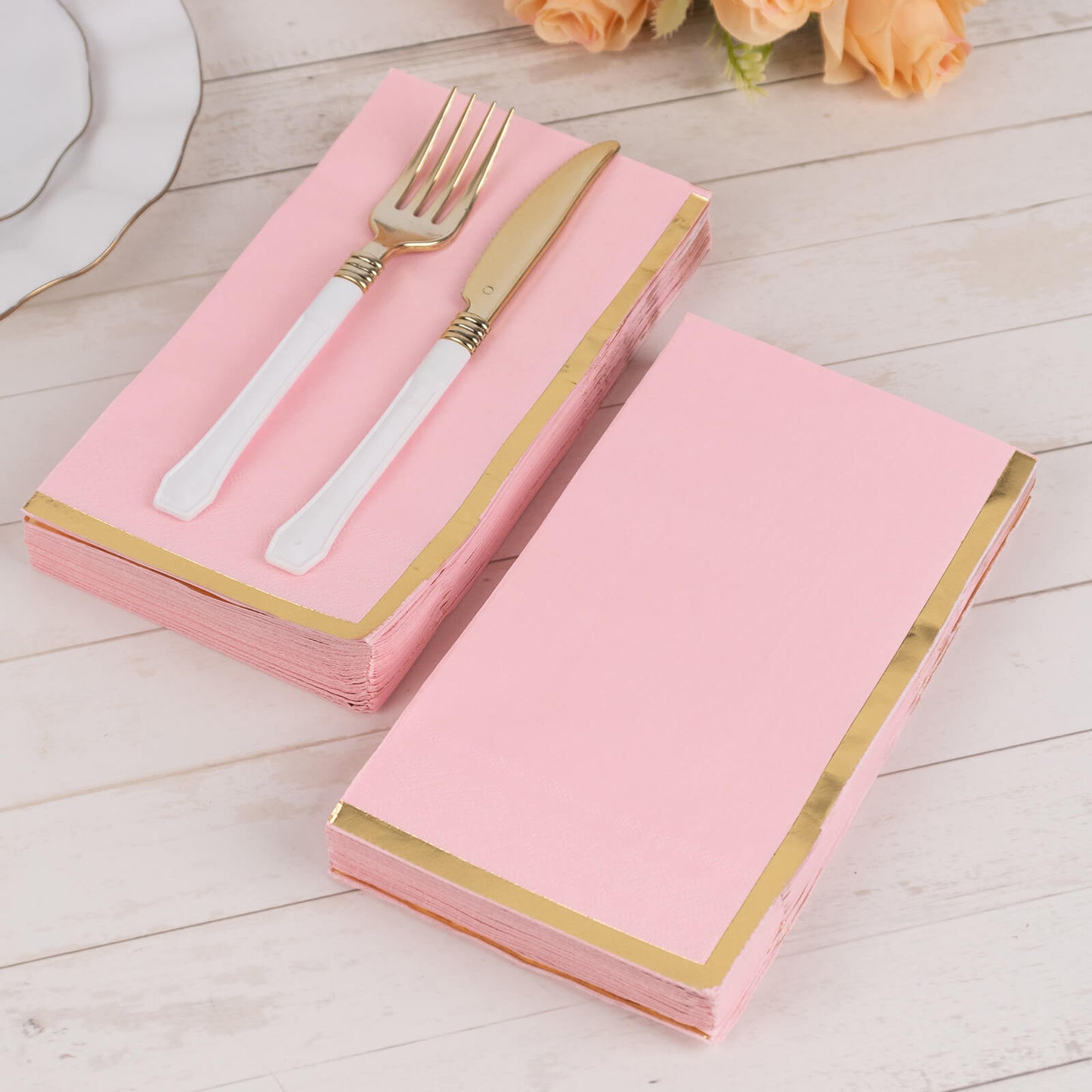 50 Pack Pink Soft 2 Ply Disposable Party Napkins with Gold Foil Edge, Dinner Paper Napkins