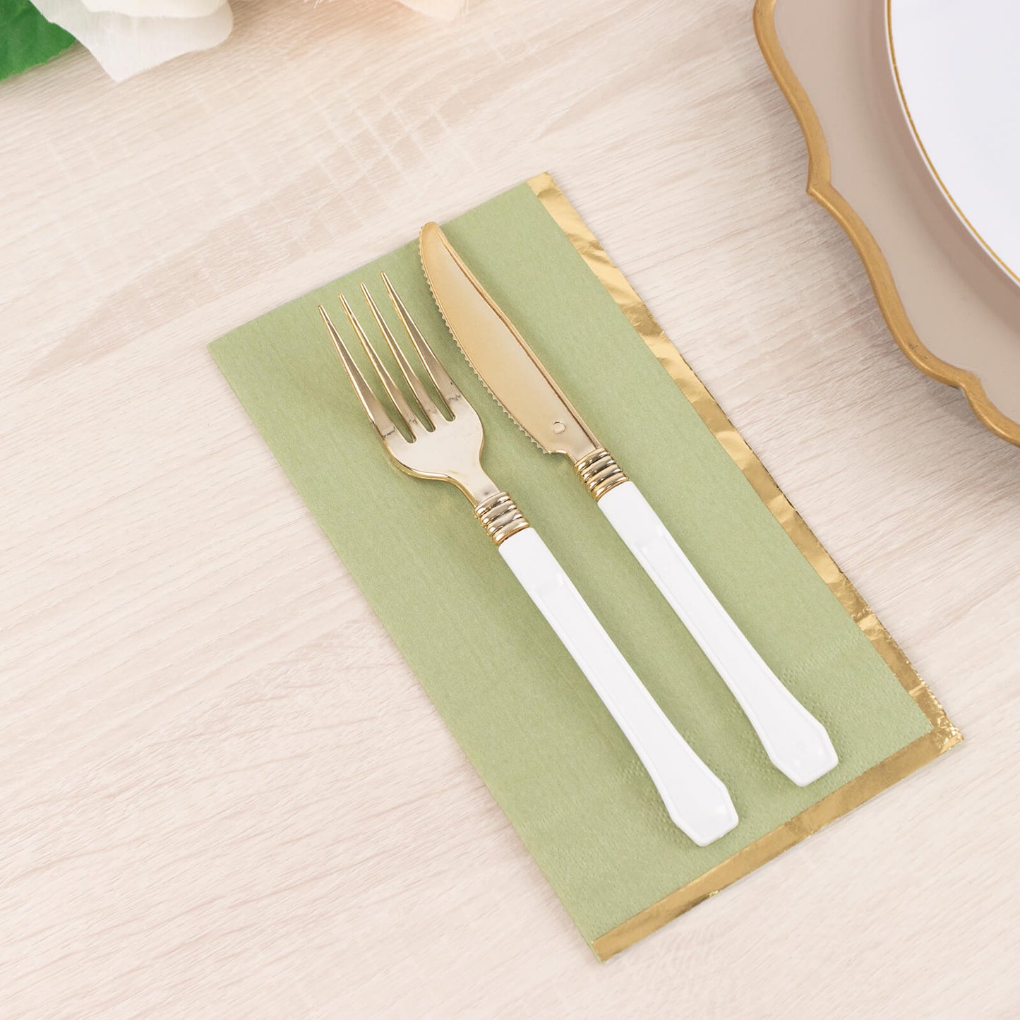 50 Pack Sage Green Soft 2 Ply Disposable Party Napkins with Gold Foil Edge, Dinner Paper Napkins