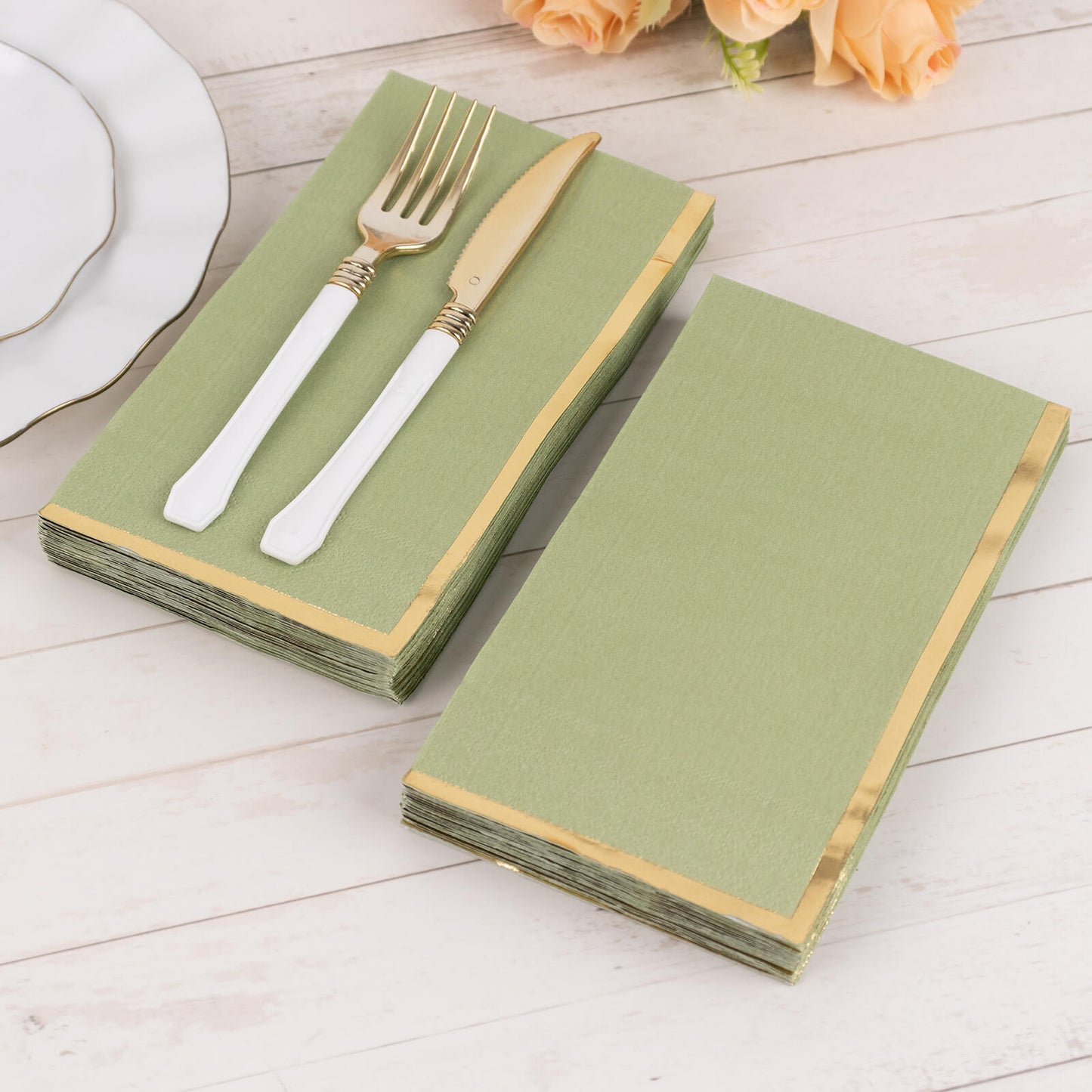 50 Pack Sage Green Soft 2 Ply Disposable Party Napkins with Gold Foil Edge, Dinner Paper Napkins