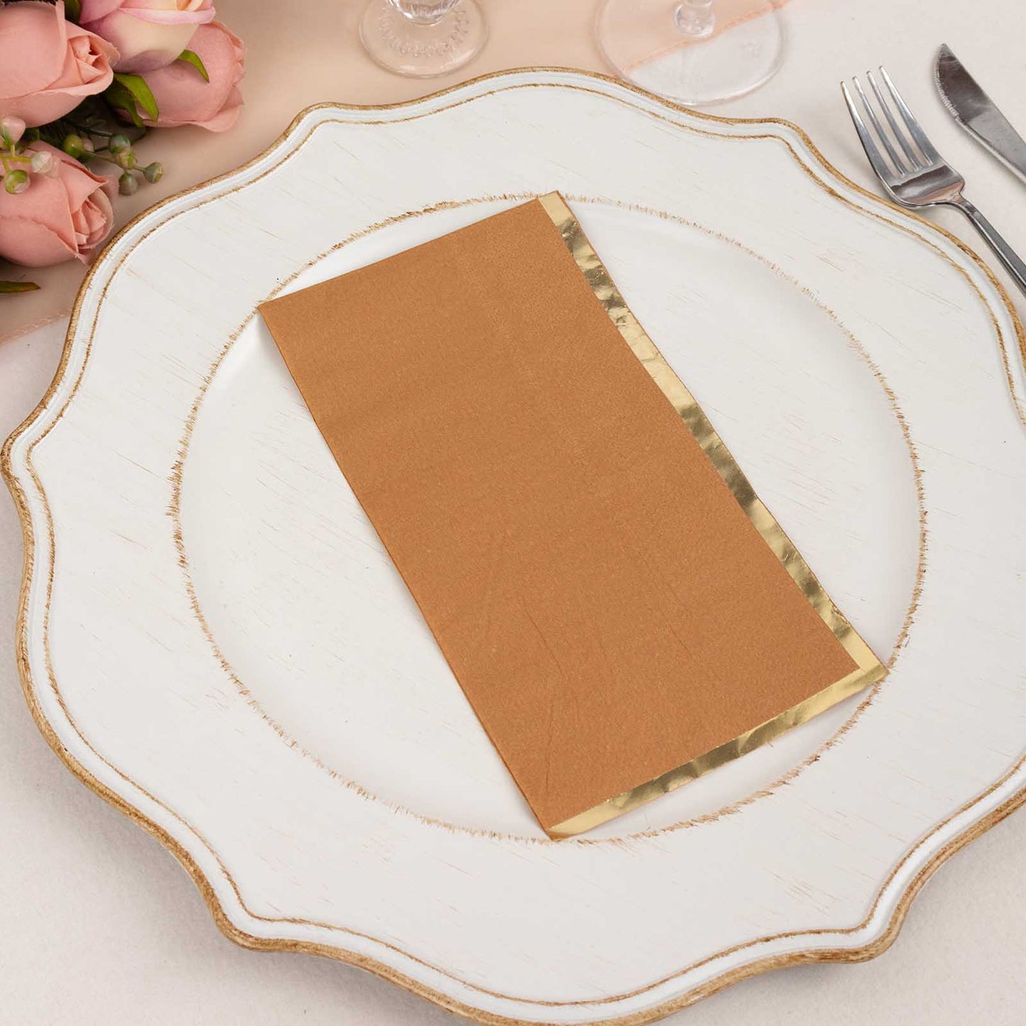 50 Pack Terracotta Soft 2 Ply Disposable Party Napkins with Gold Foil Edge, Dinner Paper Napkins