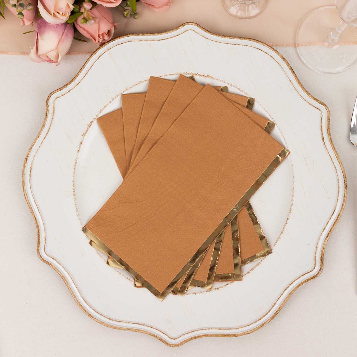 50 Pack Terracotta Soft 2 Ply Disposable Party Napkins with Gold Foil Edge, Dinner Paper Napkins